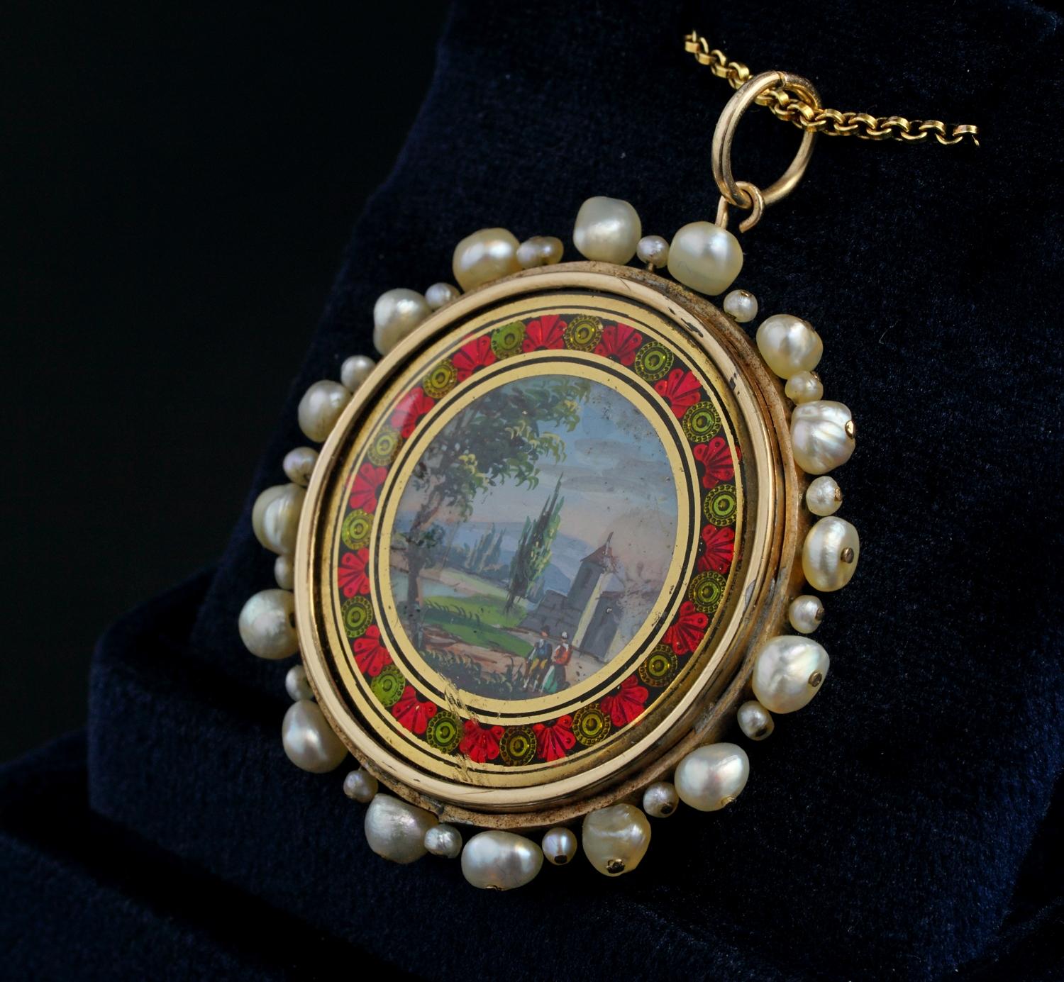 Georgian Rare Natural Pearl Painted Miniature Enamel Pendant 18 Karat For Sale 2