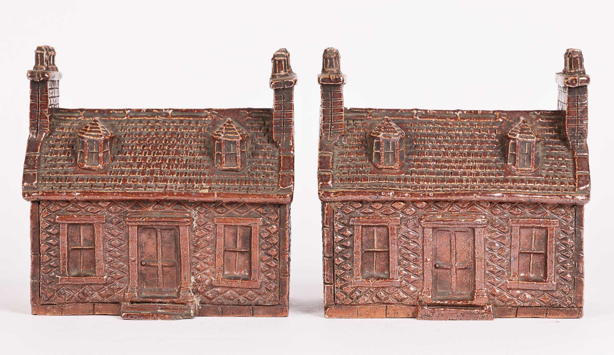 Georgian Rare Pair Treacle Glazed Stoneware Cottage Money Boxes For Sale 4