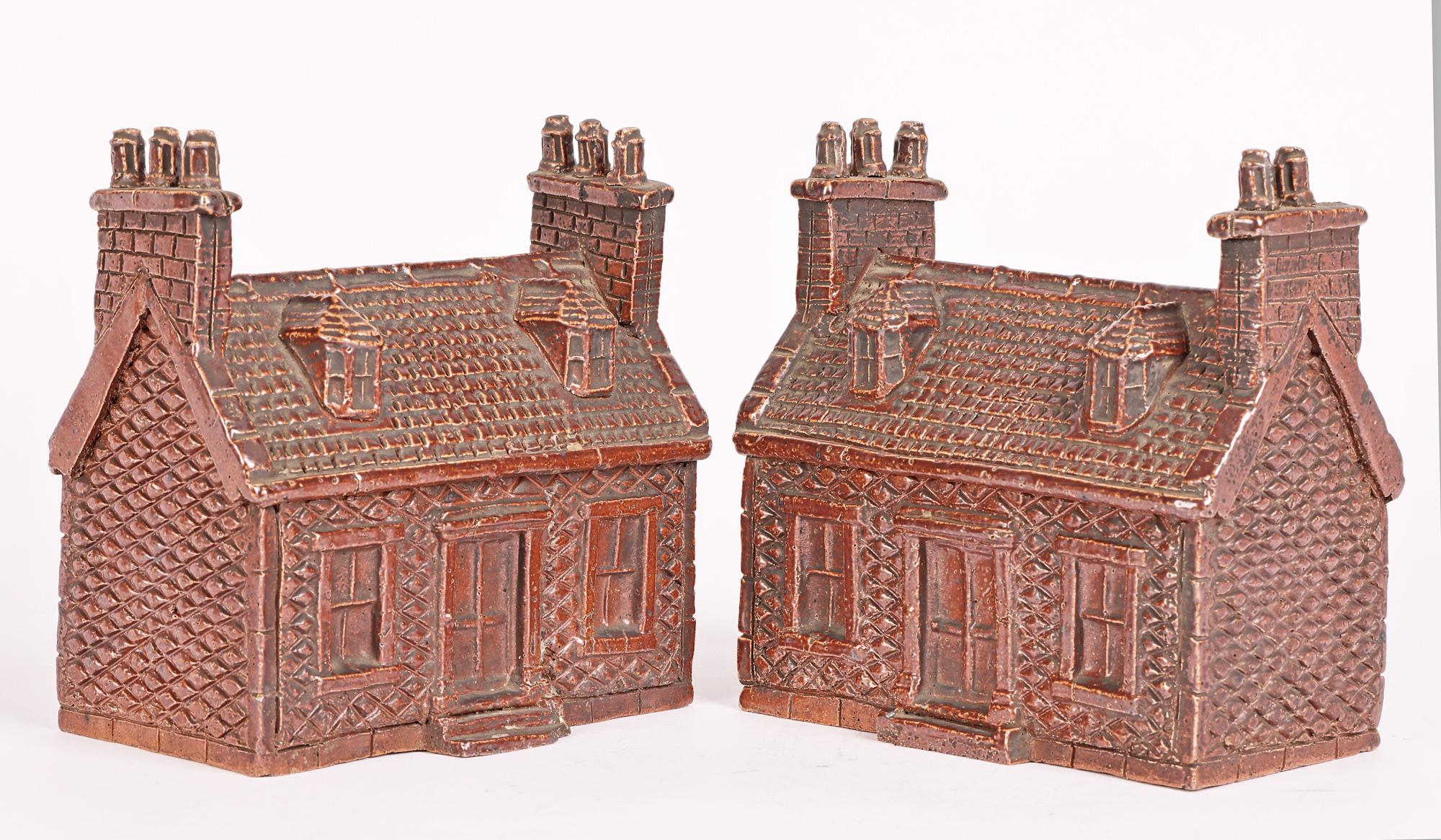 Georgian Rare Pair Treacle Glazed Stoneware Cottage Money Boxes In Good Condition For Sale In Bishop's Stortford, Hertfordshire