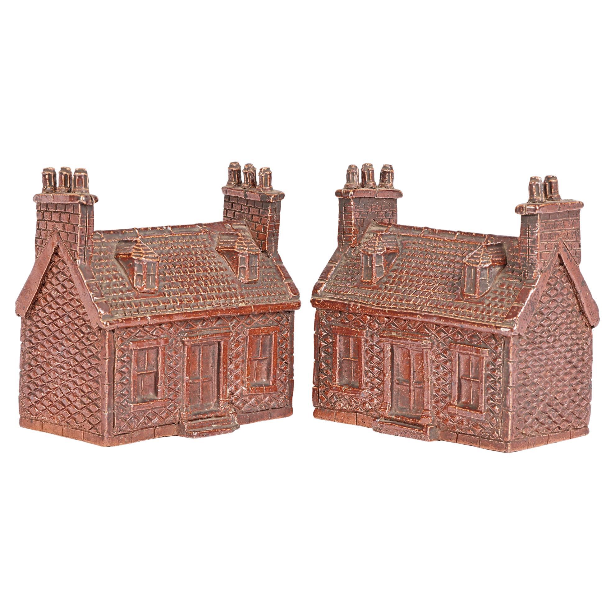 Georgian Rare Pair Treacle Glazed Stoneware Cottage Money Boxes For Sale