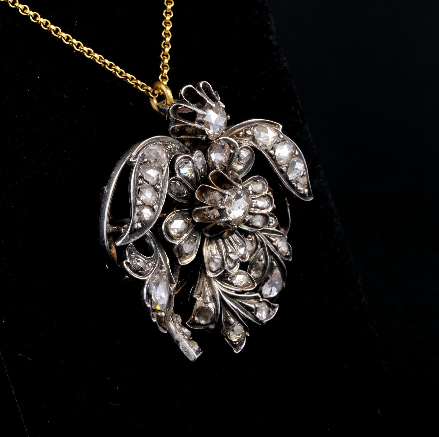 Taille rose Broche pendentif géorgienne rare en diamants taille rose 18 KT en vente