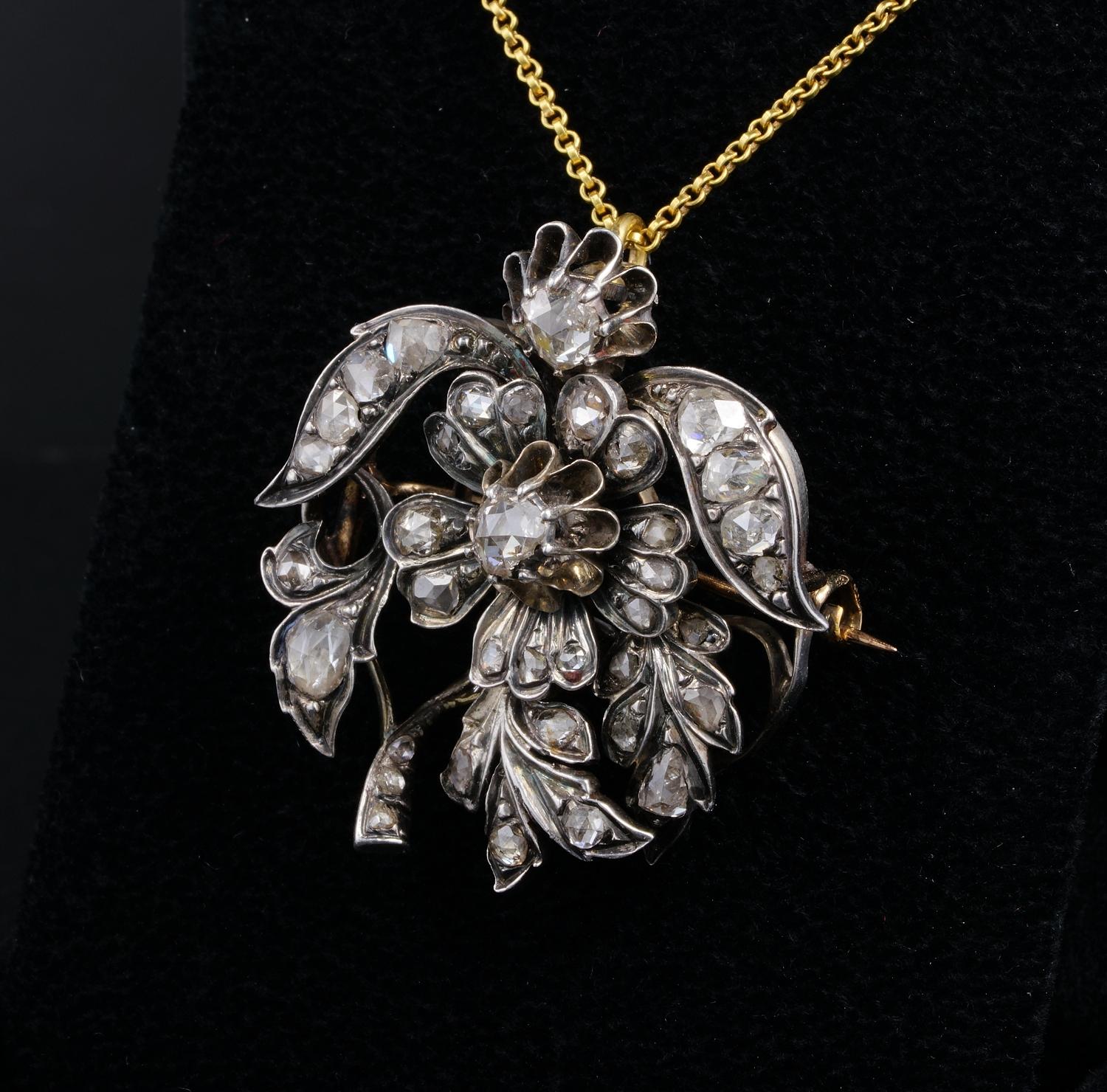 Broche pendentif géorgienne rare en diamants taille rose 18 KT Bon état - En vente à Napoli, IT