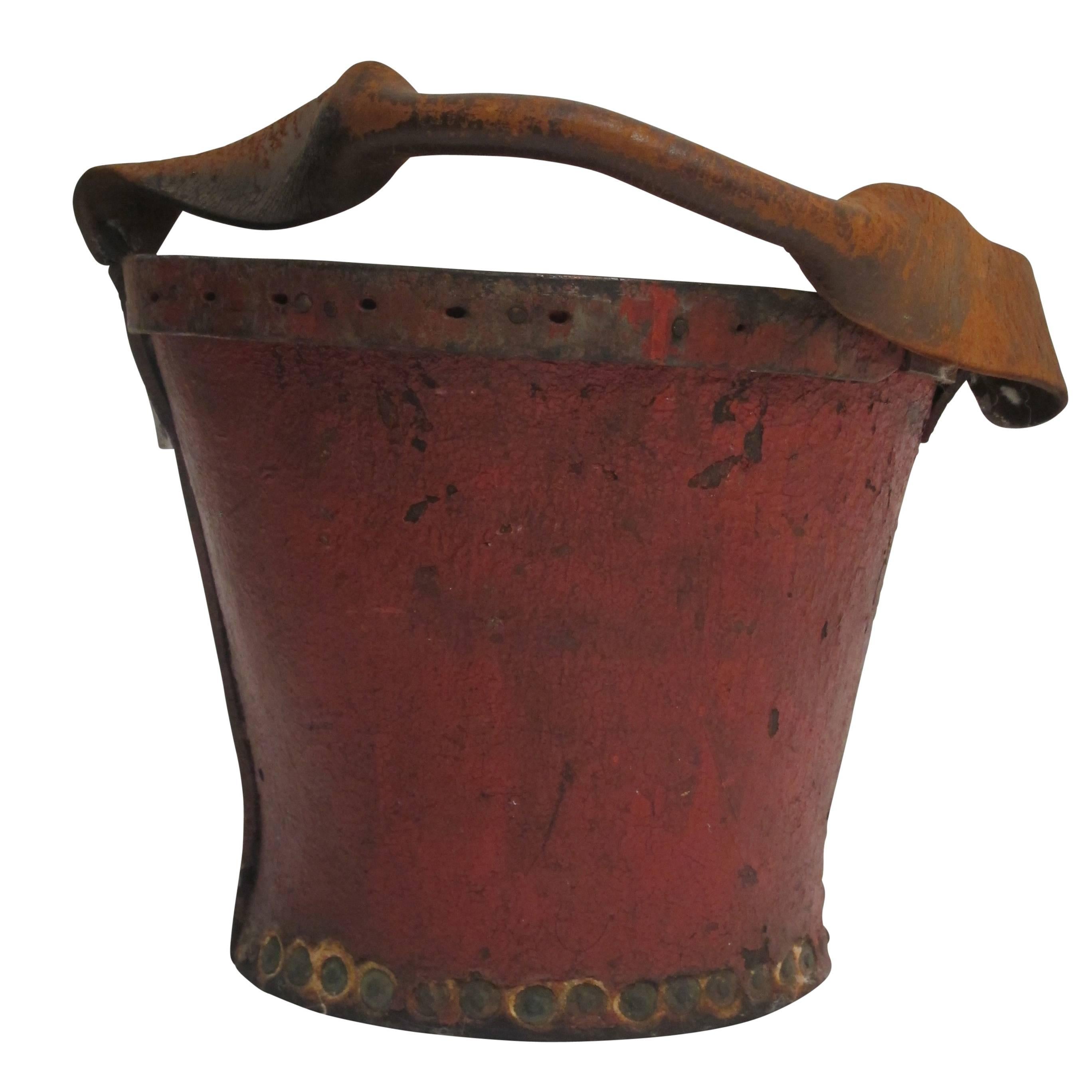 Hand-Painted Georgian Red Leather Fire Bucket, England, 19th Century