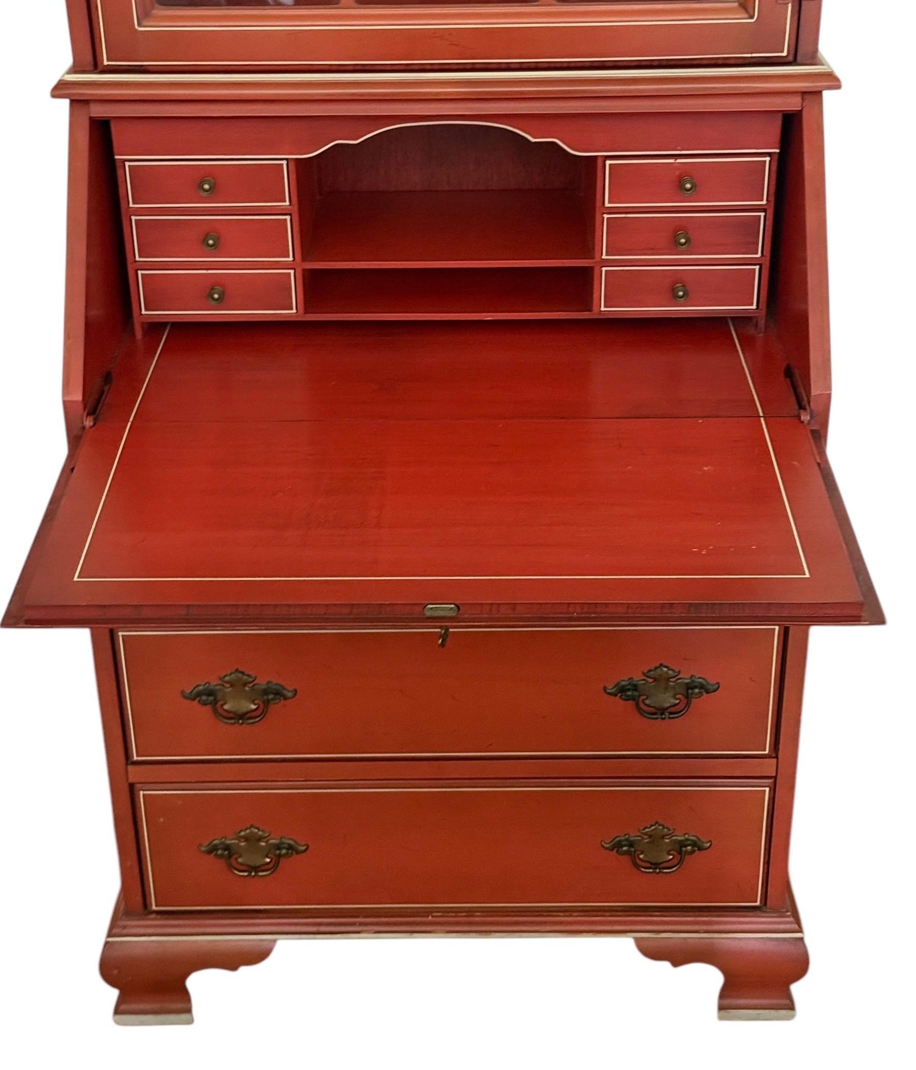 20th Century Georgian Red Painted Drop Front Secretary Desk With Hutch For Sale
