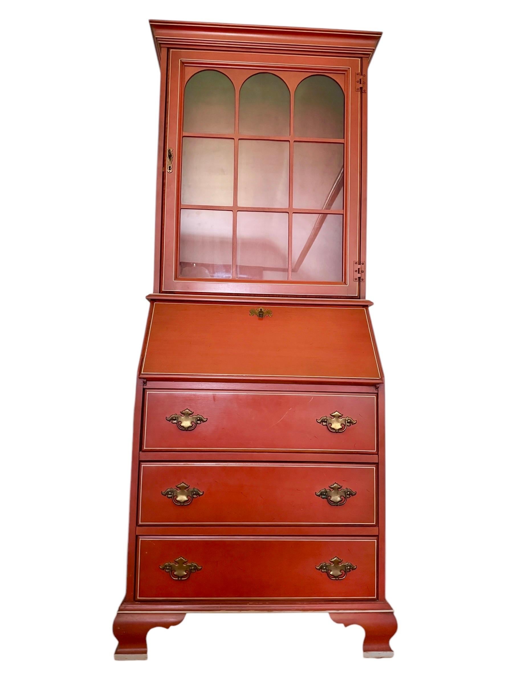 Wood Georgian Red Painted Drop Front Secretary Desk With Hutch For Sale
