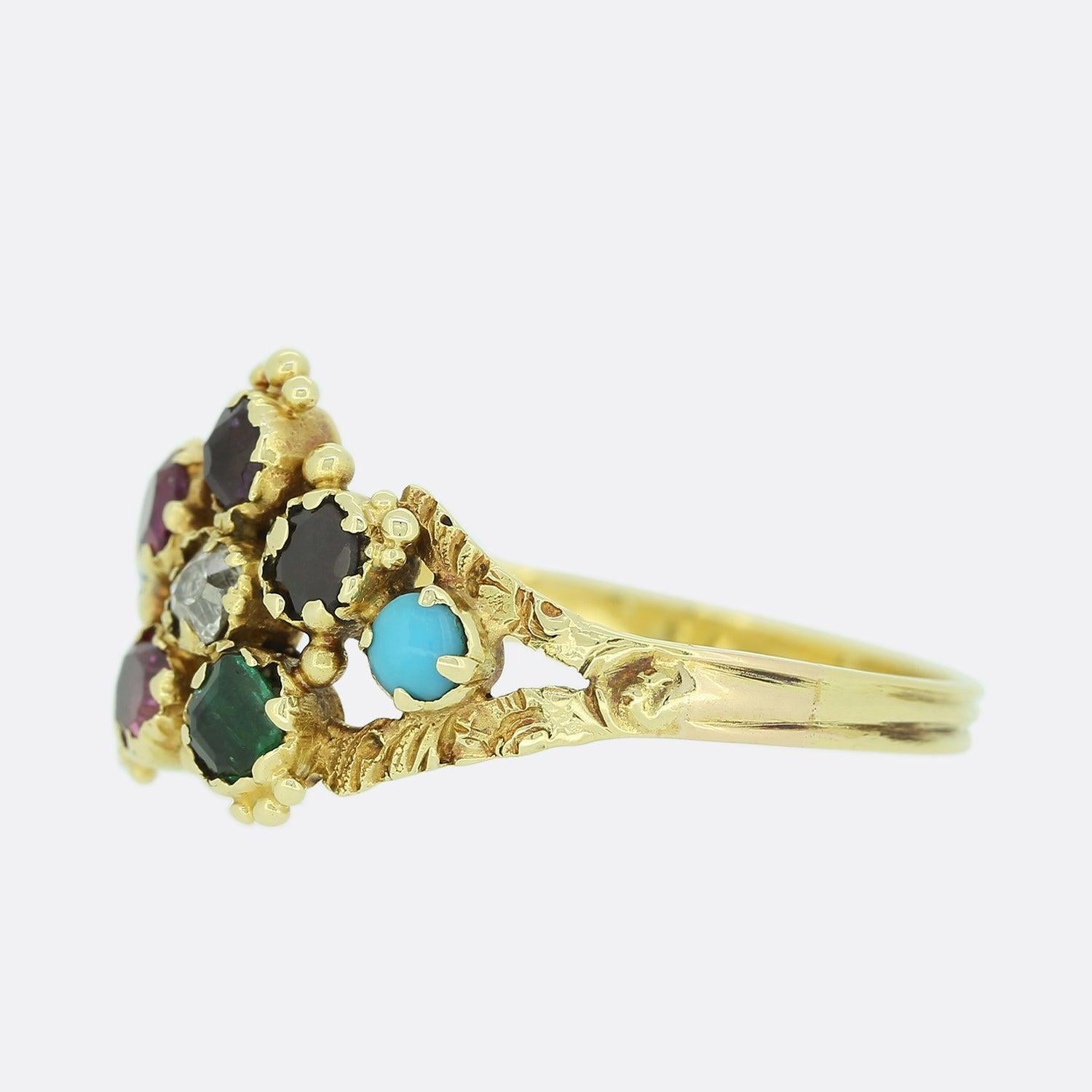 This is a wonderful 15ct yellow gold Georgian Regard cluster ring. The ring dates back to the late Georgian era. Circa. 1820s and features stunning engraving and granulation and plays host to six gemstones which spell out the word Regard. (R)uby,