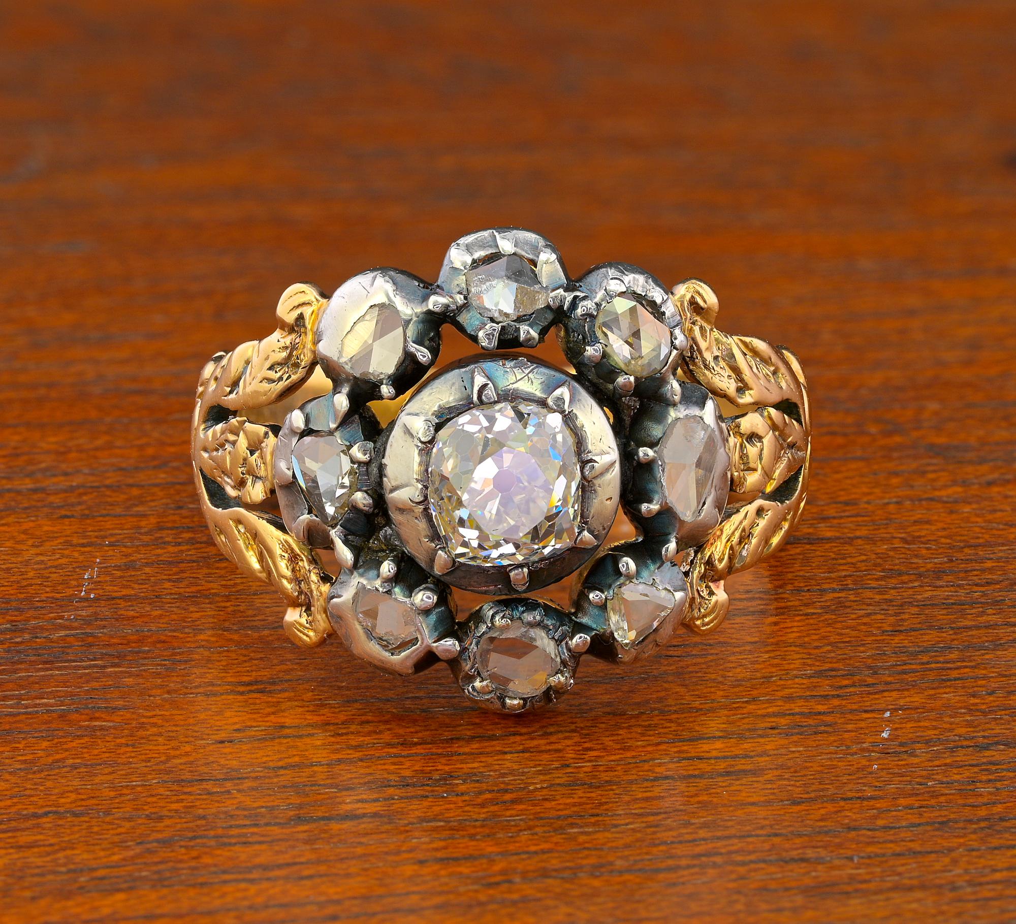 Journey to Georgian Times
Magnificent and rare example of Georgian / Regency period Diamond cluster ring, 1800 ca
Skillfully hand crafted of solid 18 Kt gold and silver portion in the glorious workmanship of that time
The ring sits very flat on the