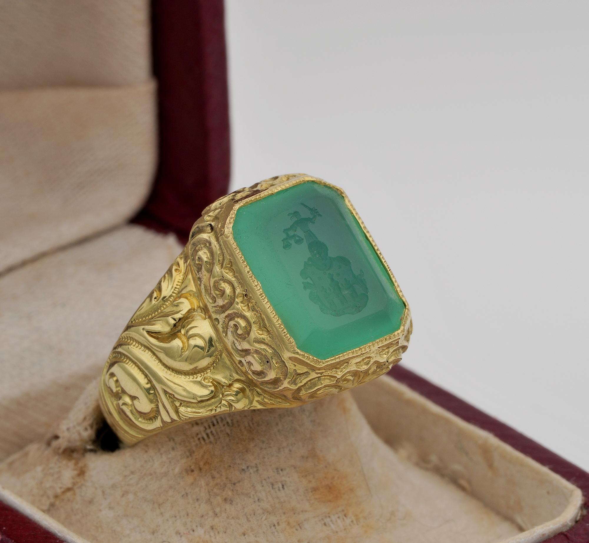 Emerald Cut Georgian/Regency Intaglio Prasiolite Embossed 18 Karat Signet ring For Sale