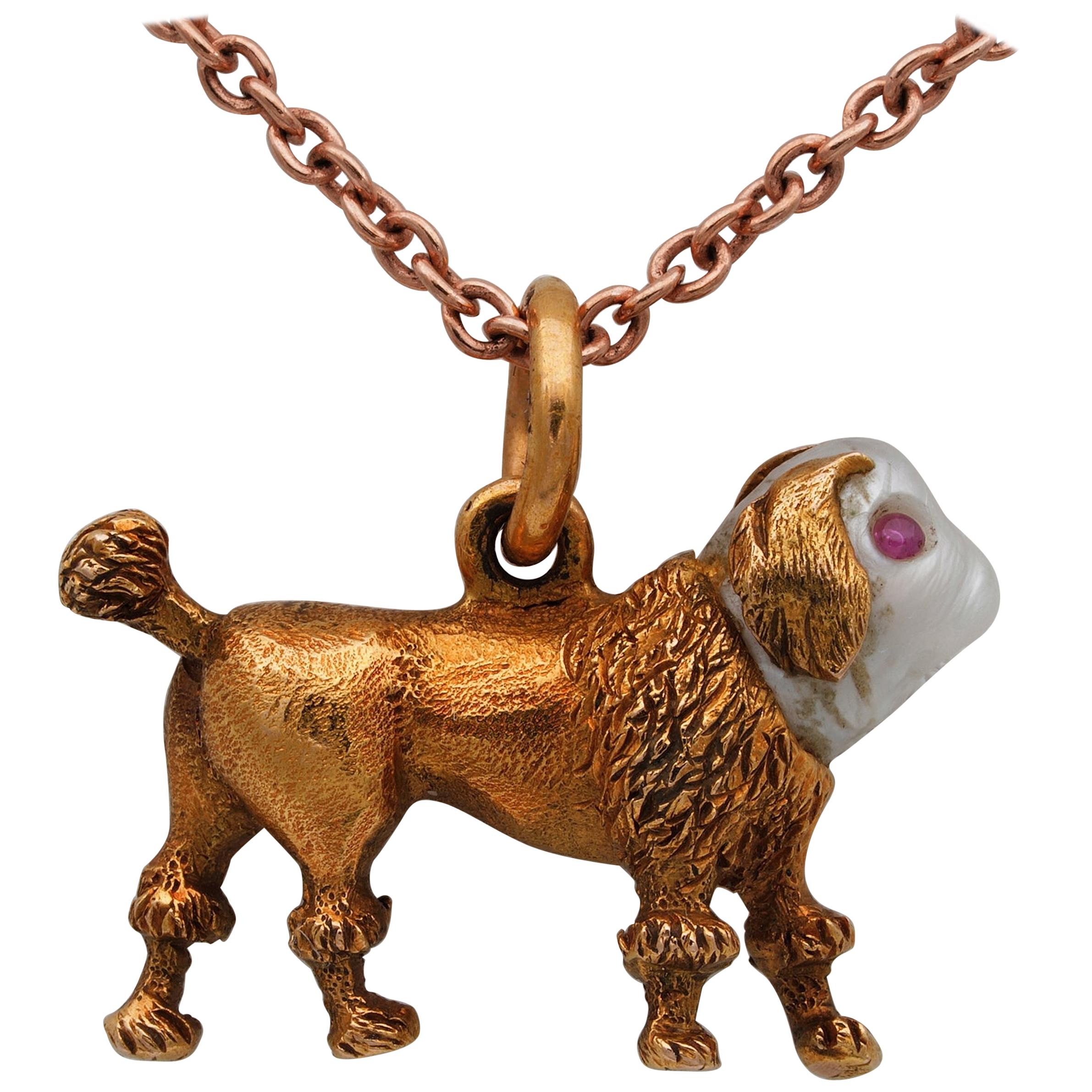 Georgian/Regency Little Dog Fob Pearl Ruby 18 Karat Gold For Sale