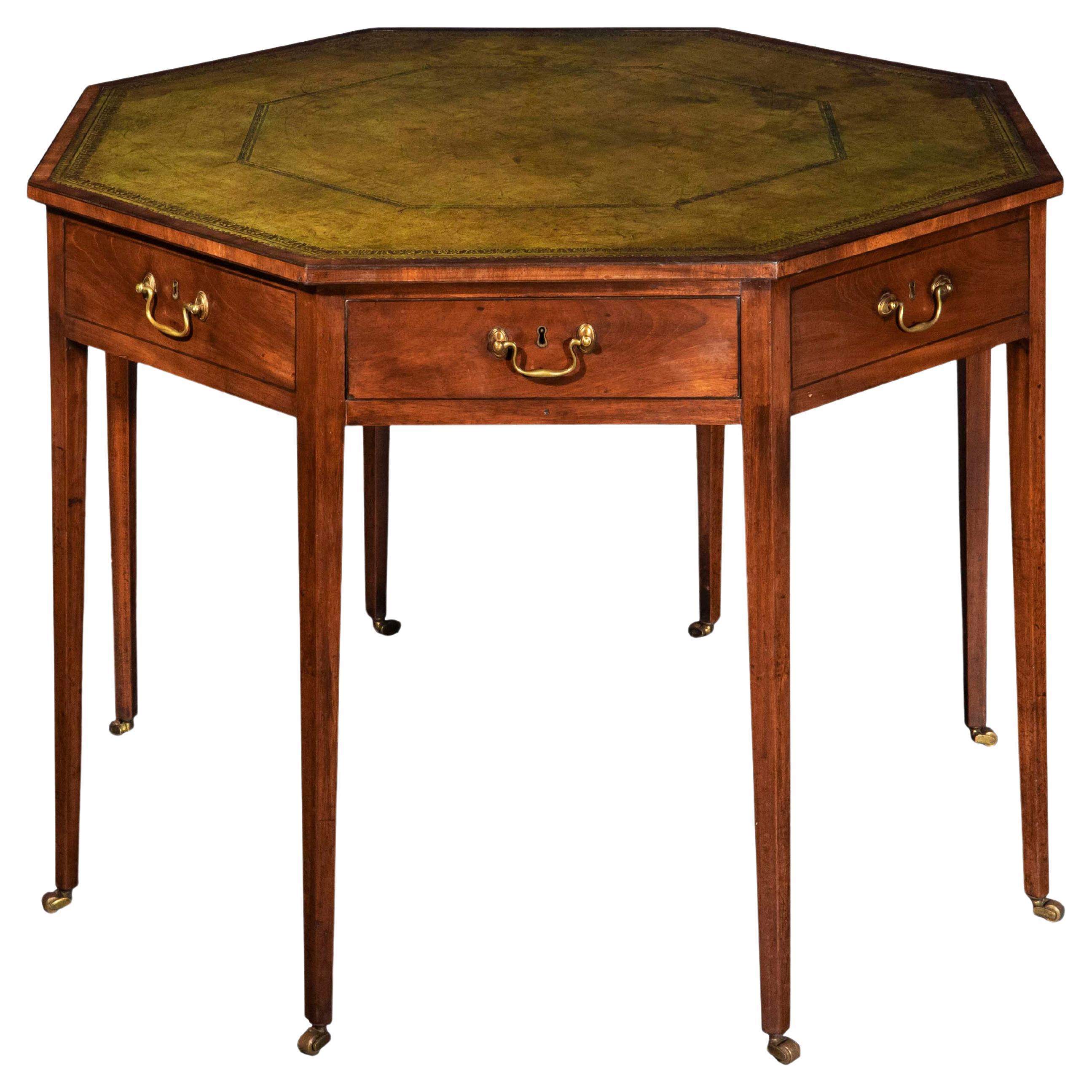 Georgian Regency Octagonal Library Table with Green Leather Top