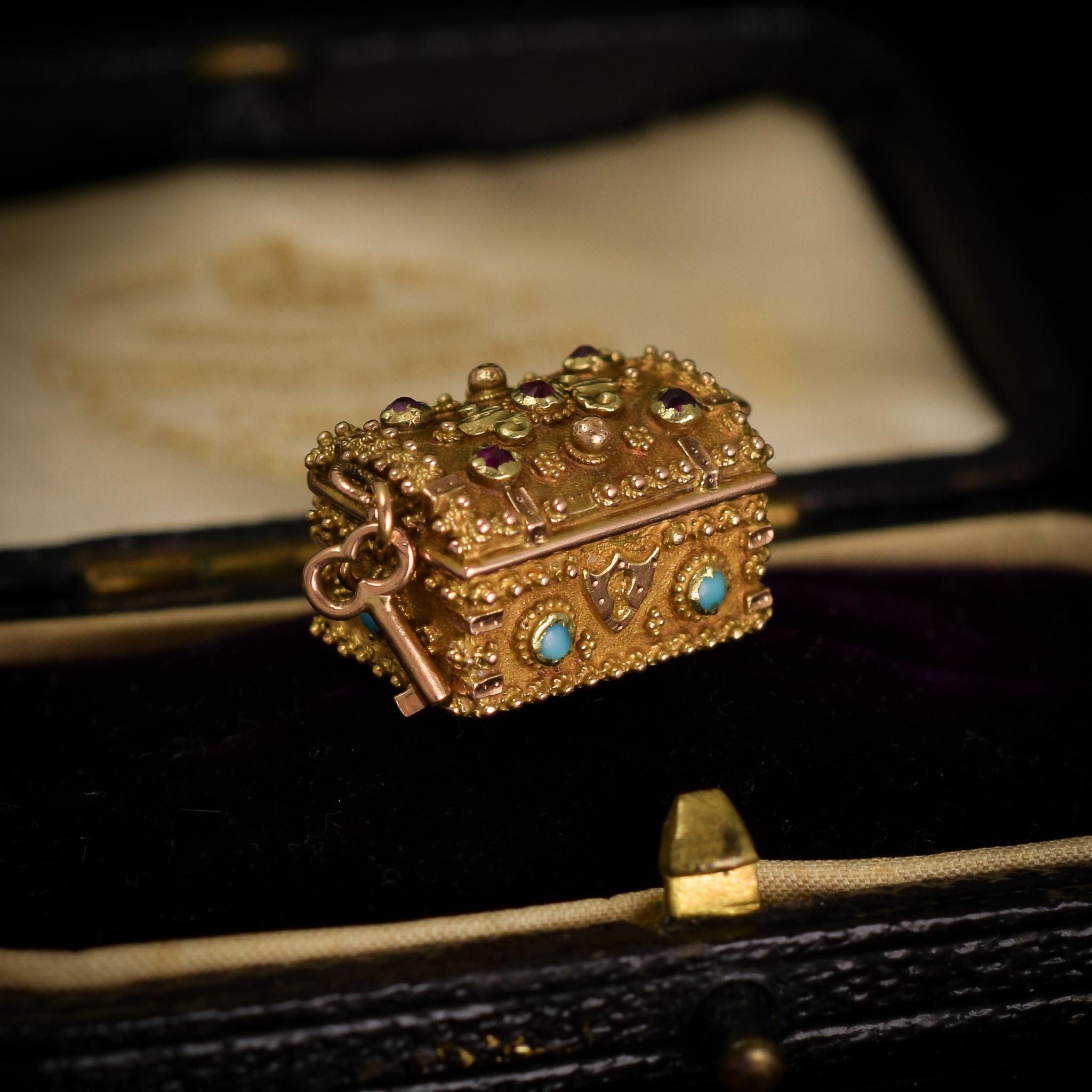 Georgian Regency Period Ruby Turquoise Treasure Chest Locket Charm 2