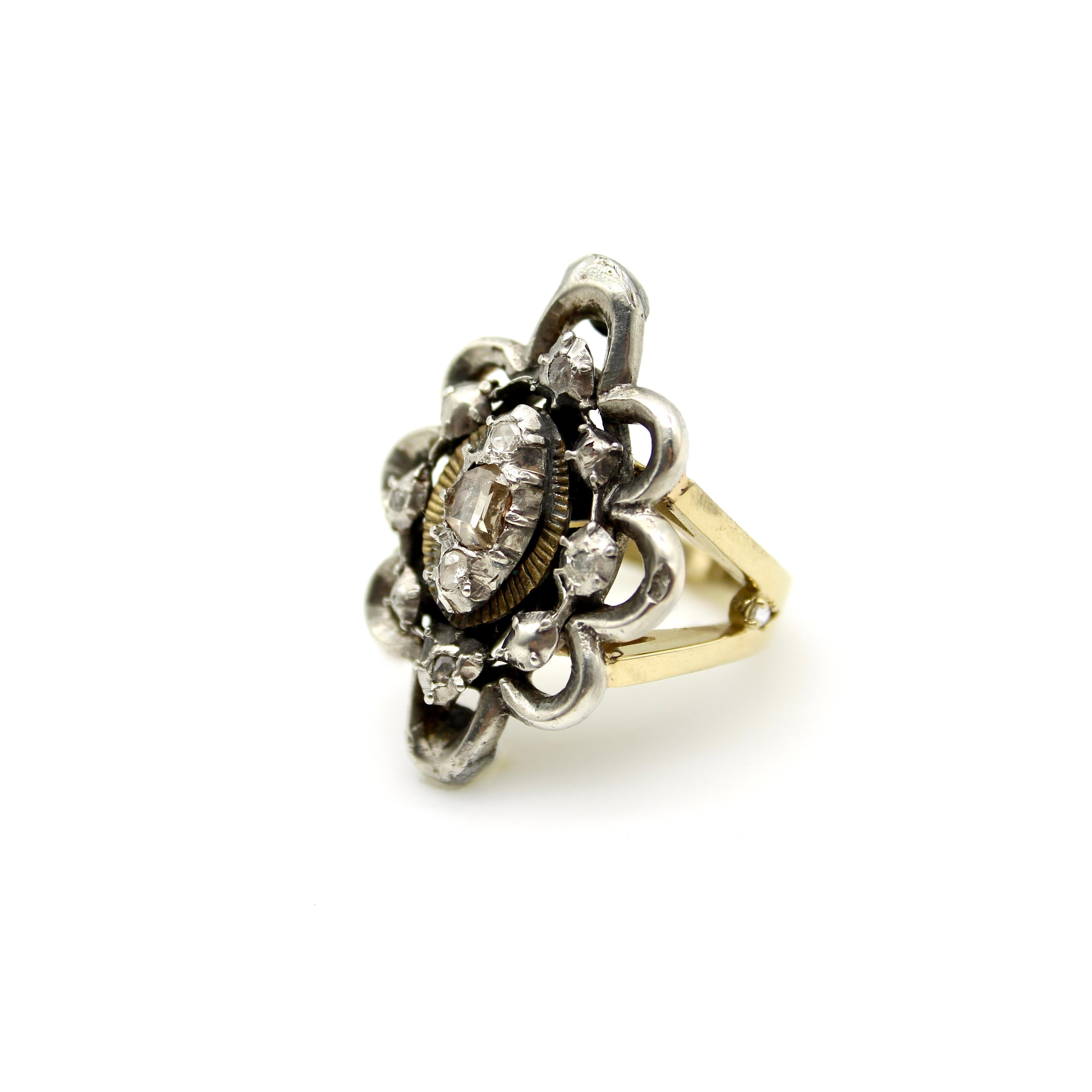 Modern Georgian Revival 14K and Sterling Silver Ring with Diamonds For Sale