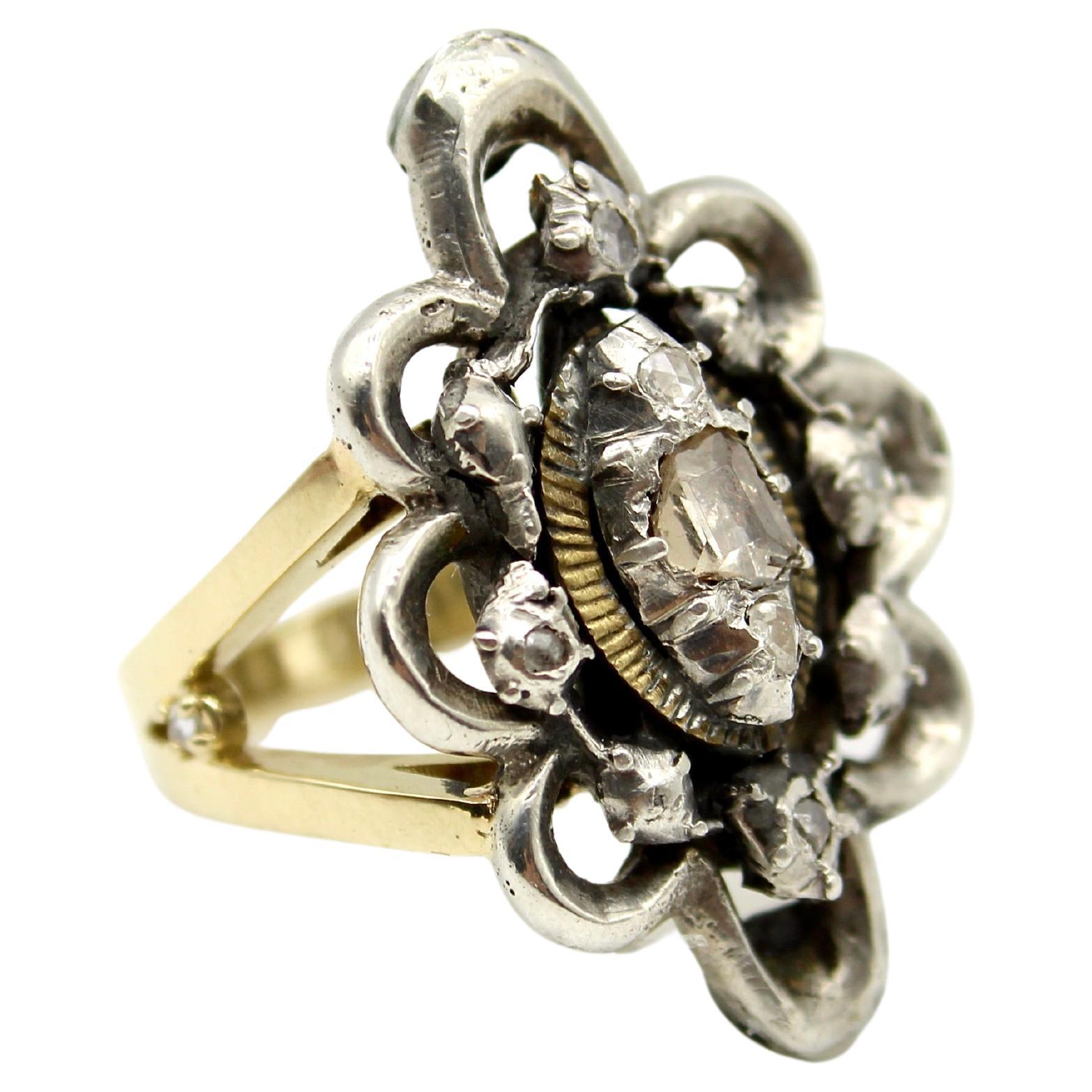 Georgian Revival 14K and Sterling Silver Ring with Diamonds For Sale