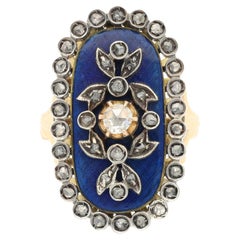Vintage Georgian Revival Bague Au Firmament Blue Enamel and Diamond Ring, Cocktail Ring