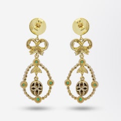 Georgian Revival Diamond and Emerald Ear Pendants in 14 Karat Yellow Gold