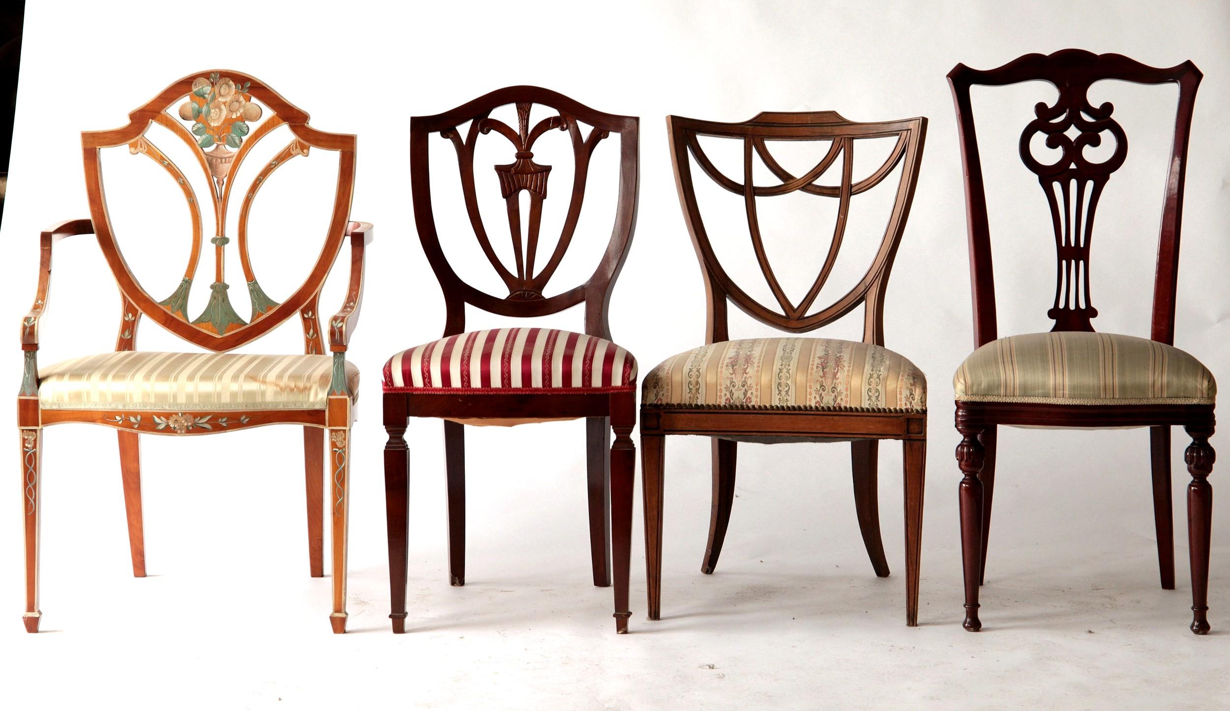 Beautiful set of 6 chairs and two armchairs. Made of eight different style of chairs. 

This group was made with the Chippendale and Hepplewhite style chairs that were collected over the years. From the same collection of the Biedermeier groups,