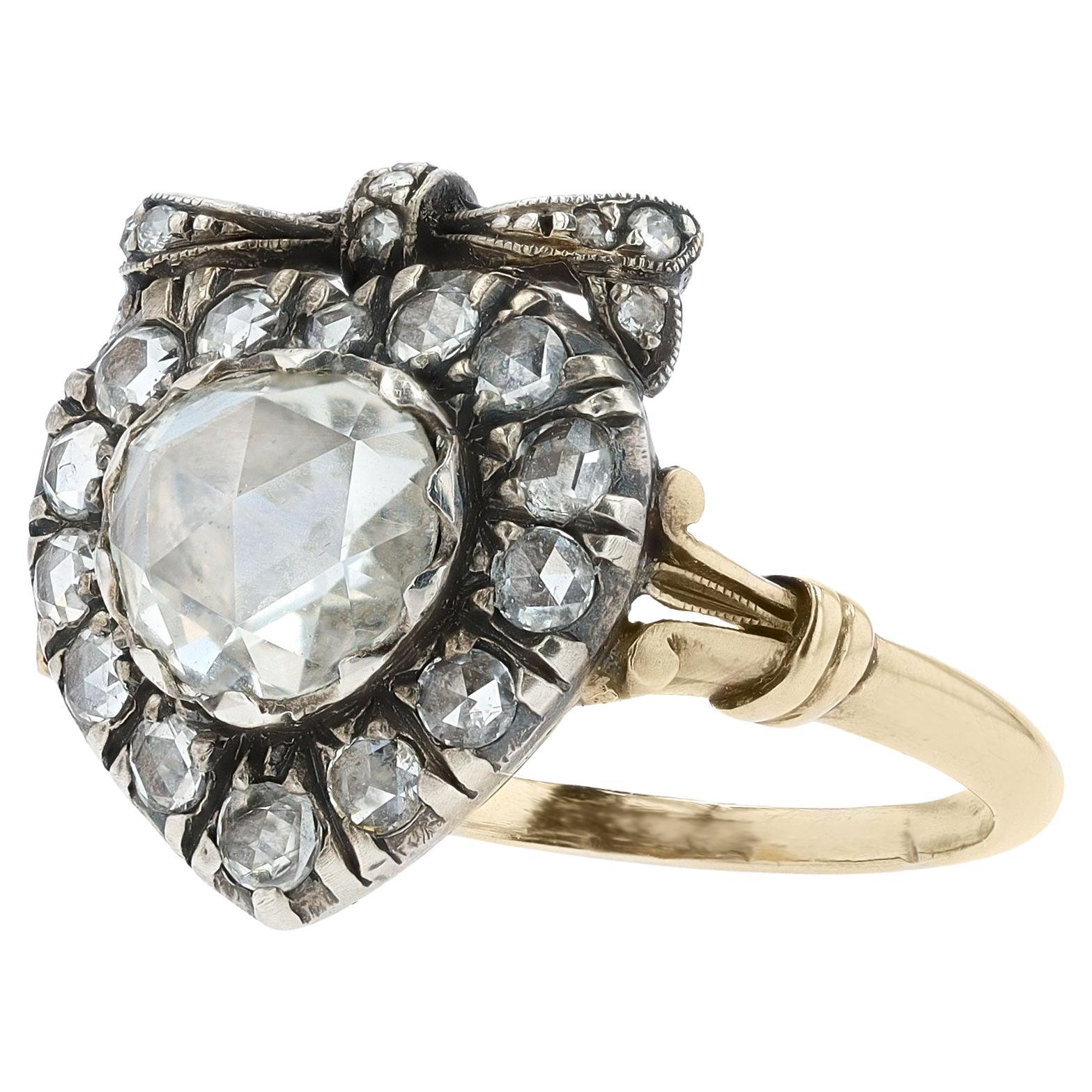 Victorian Georgian Revival Rose Cut Diamond Heart Engagement Ring For Sale