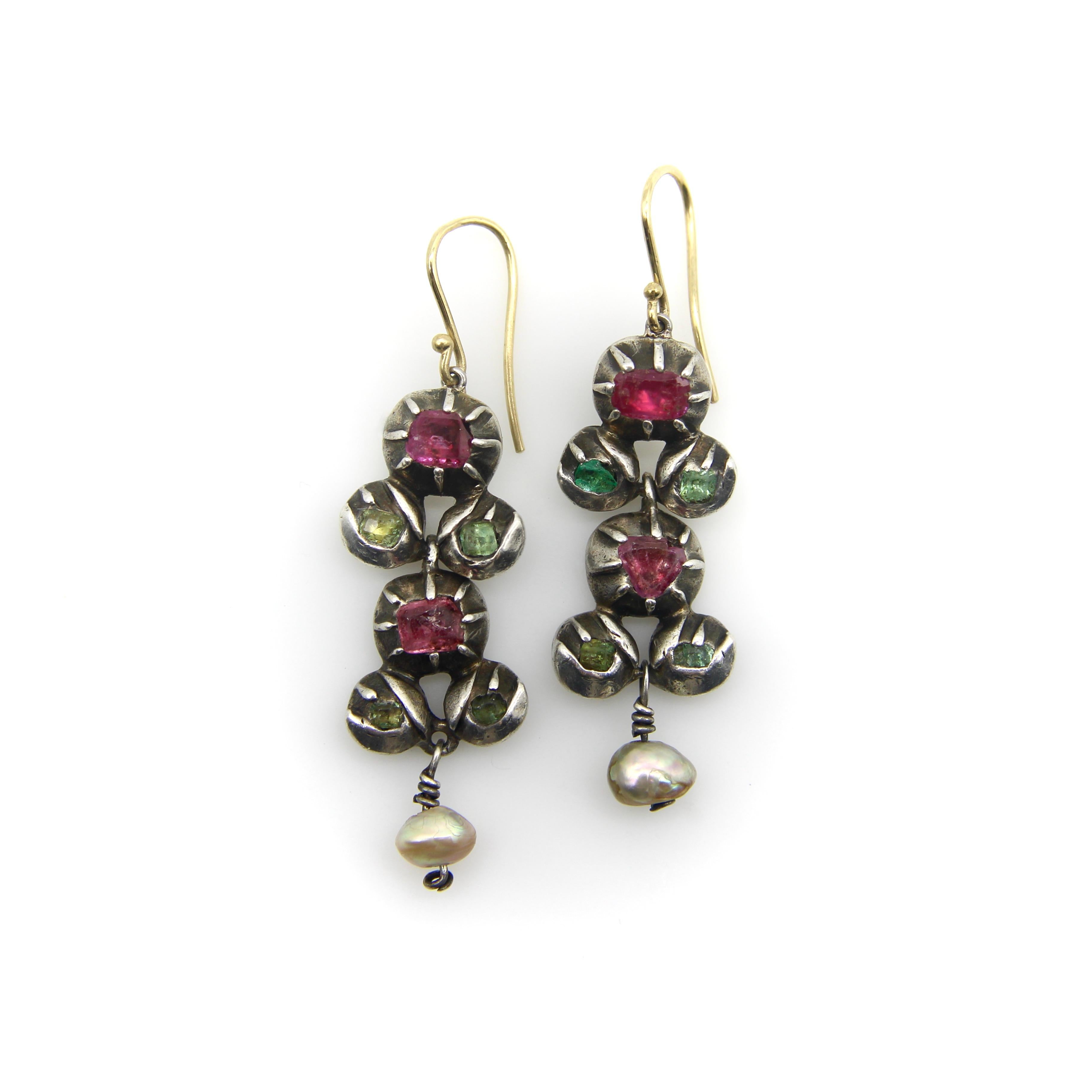Modern Georgian Revival Silver & 18K Gold Ruby, Emerald, & Pearl Giardinetti Earrings For Sale