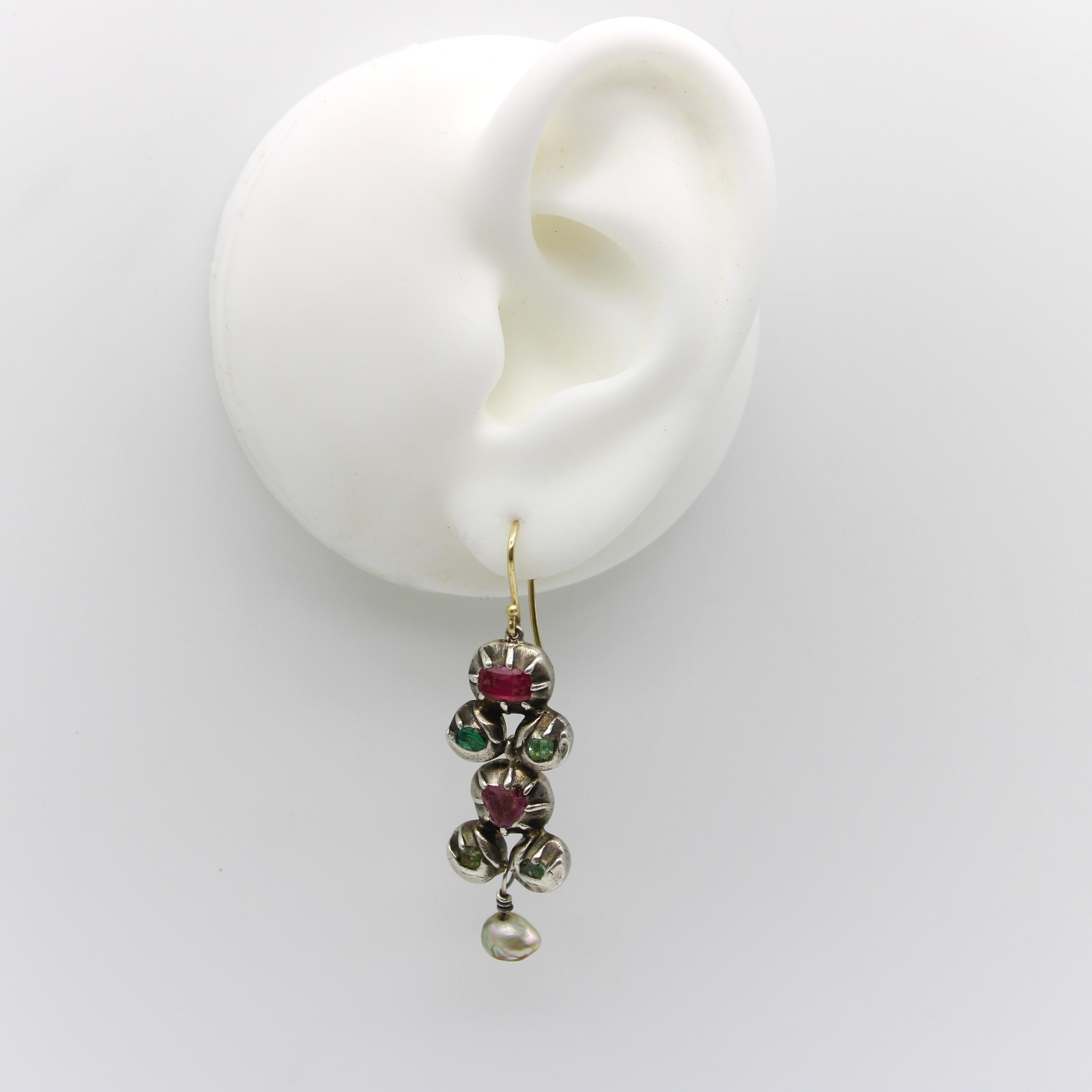 Georgian Revival Silver & 18K Gold Ruby, Emerald, & Pearl Giardinetti Earrings For Sale 2