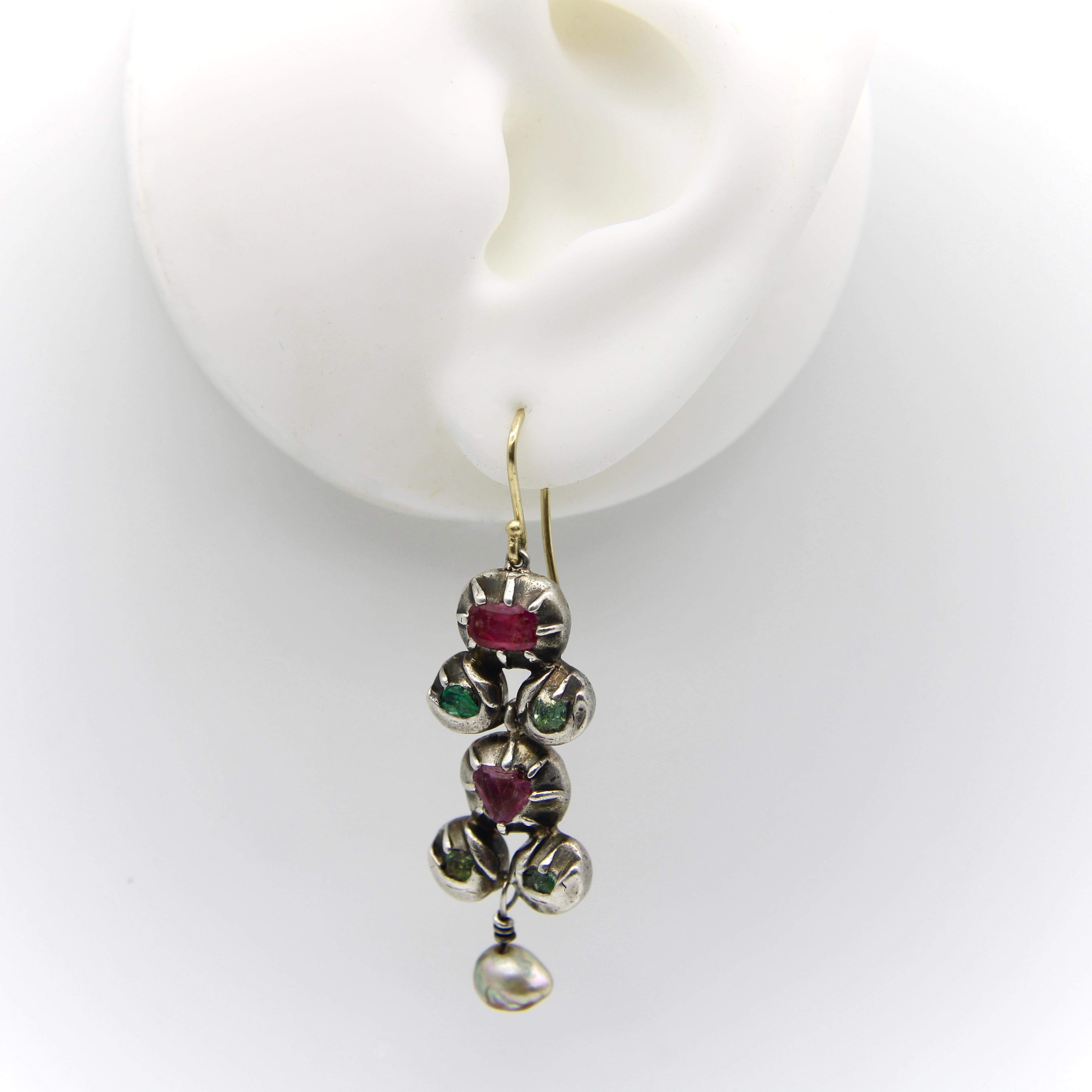 Georgian Revival Silver & 18K Gold Ruby, Emerald, & Pearl Giardinetti Earrings For Sale 3