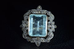 Georgian Ring Set with 15.50 Carat Aquamarine and 0.66 Carat Rose Cut Diamonds