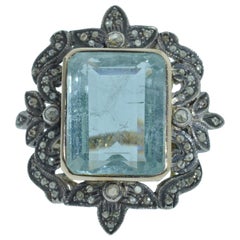 Antique Georgian Ring Set with 15.50 Carat Aquamarine and 0.66 Carat Rose Cut Diamonds