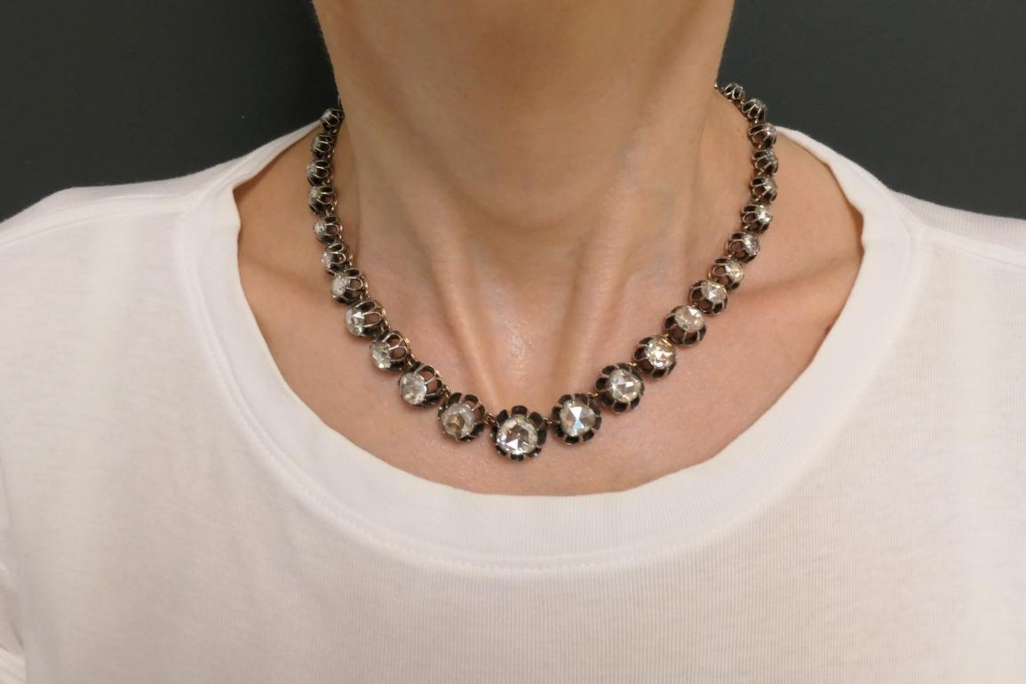 Georgianische Riviera-Halskette, Rosenschliff Diamant Silber Gold Riviere Antik-Schmuck im Zustand „Gut“ im Angebot in Beverly Hills, CA