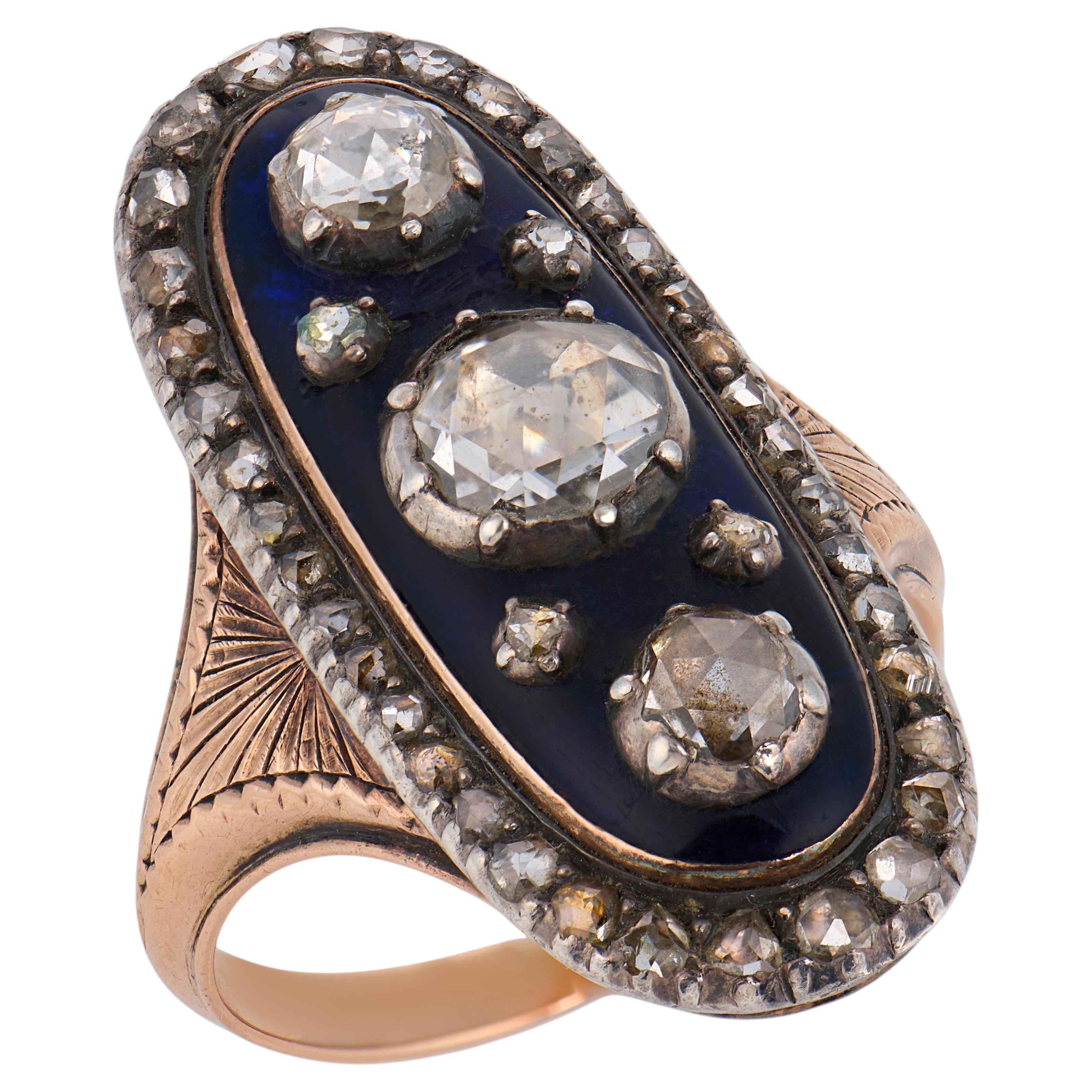 Georgian rose cut diamond 18K rose gold and silver navette enamel ring