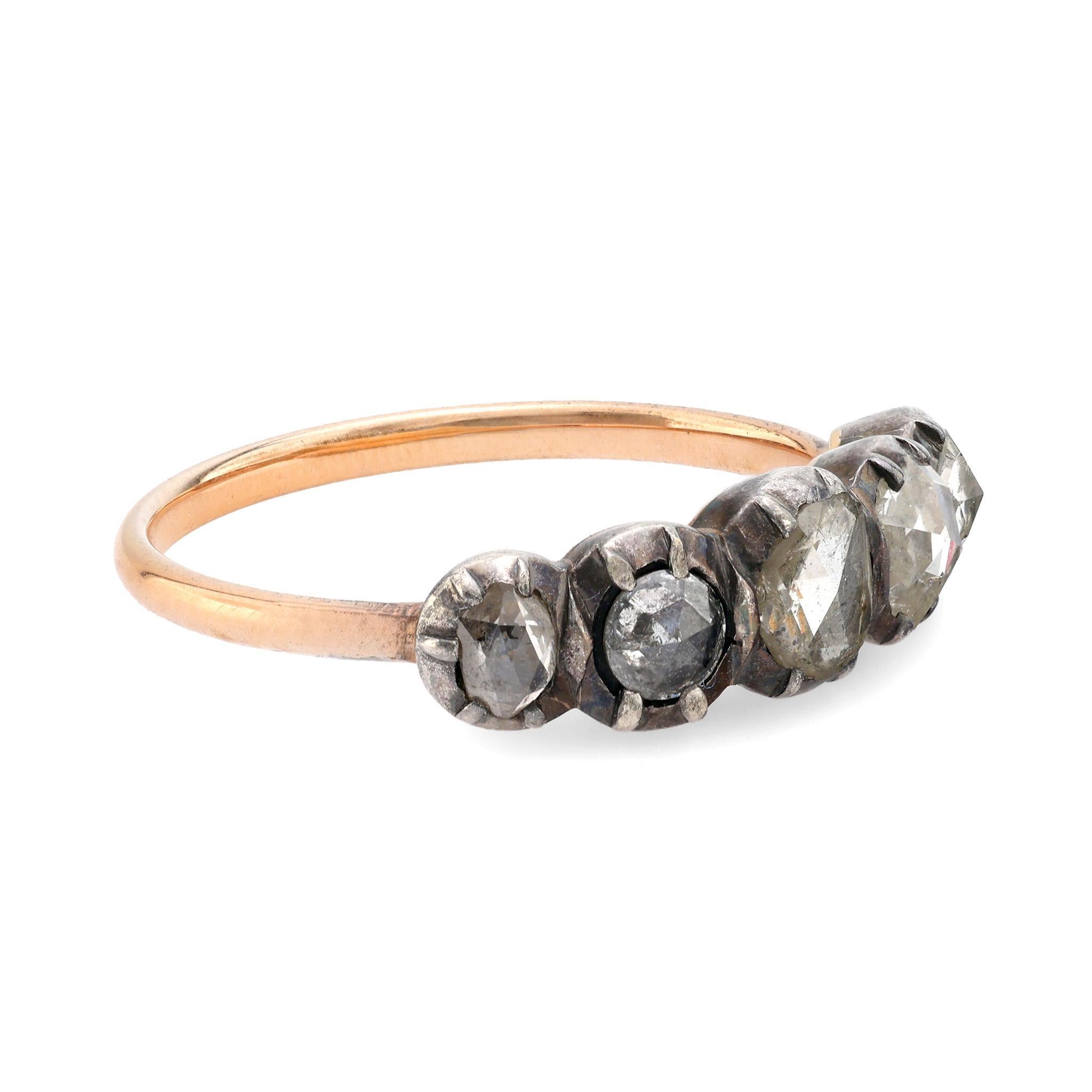 Rose Cut Georgian rose cut diamond 18k rose gold silver five stone ring