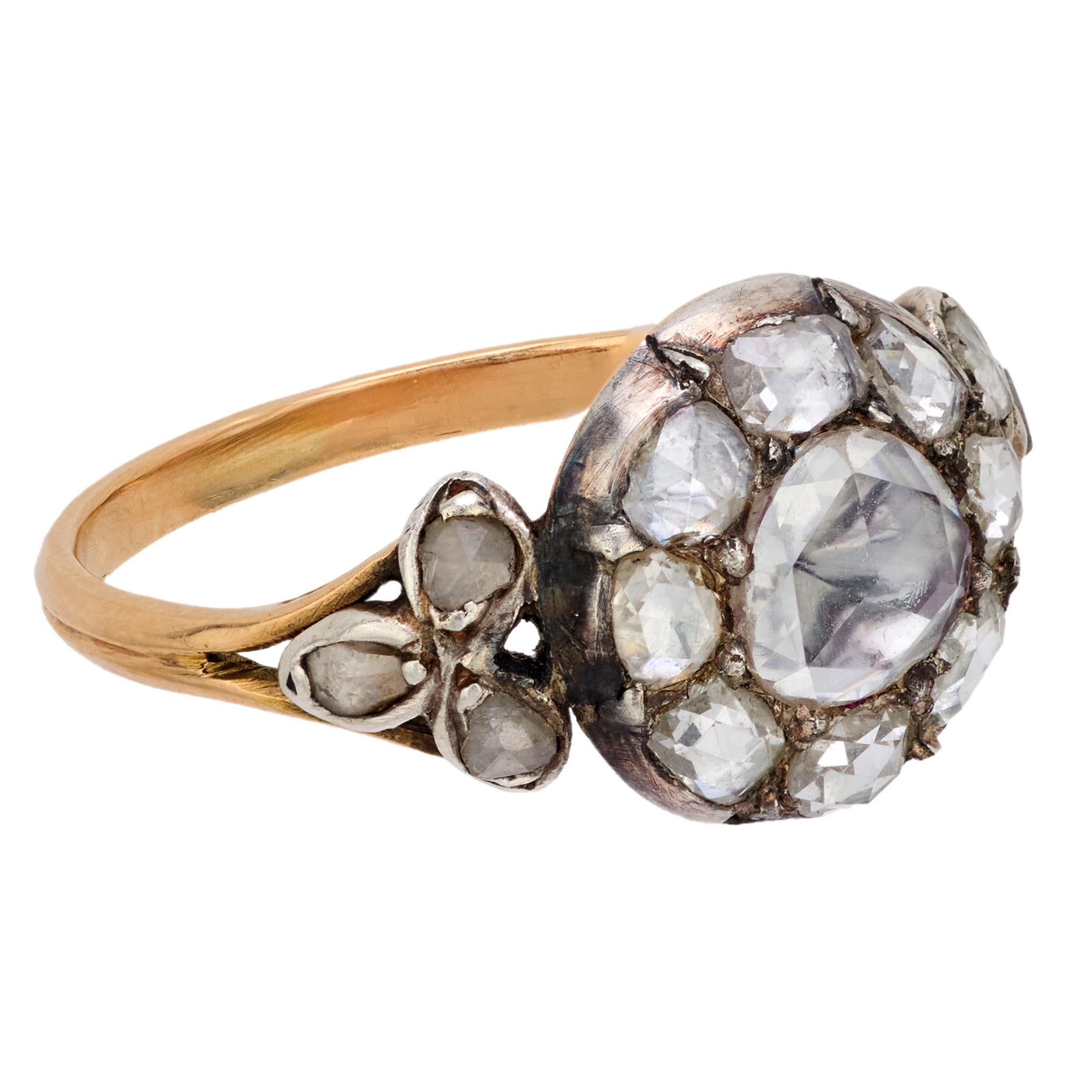 Rose Cut Georgian rose cut diamond 18k yellow gold silver cluster ring For Sale