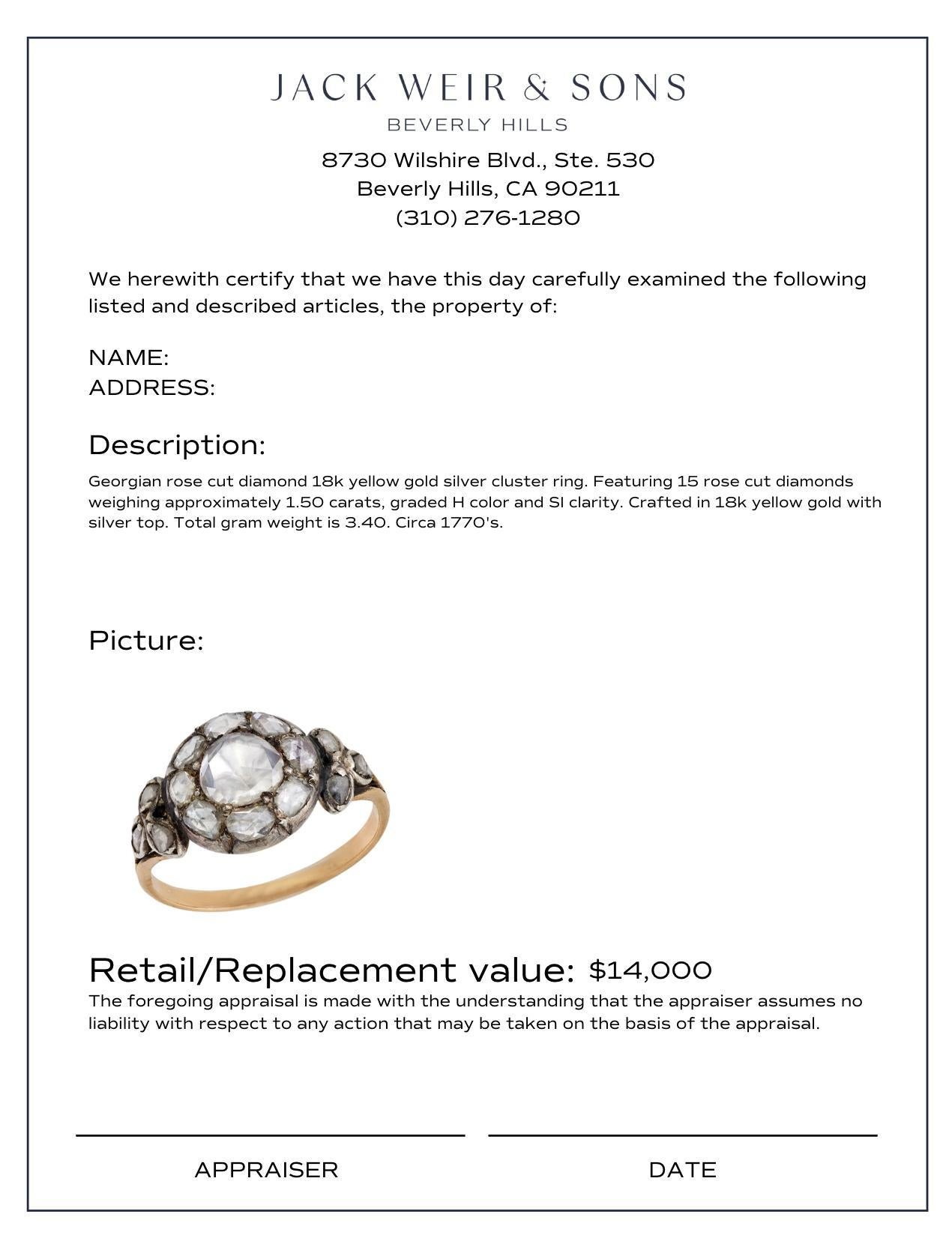 Women's Georgian rose cut diamond 18k yellow gold silver cluster ring For Sale