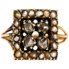 Georgian Rose Cut Diamond and Seed Pearl 18 Carat Gold Ring