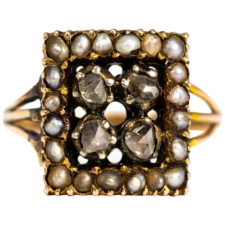 Georgian Rose Cut Diamond and Seed Pearl 18 Carat Gold Ring at 1stDibs