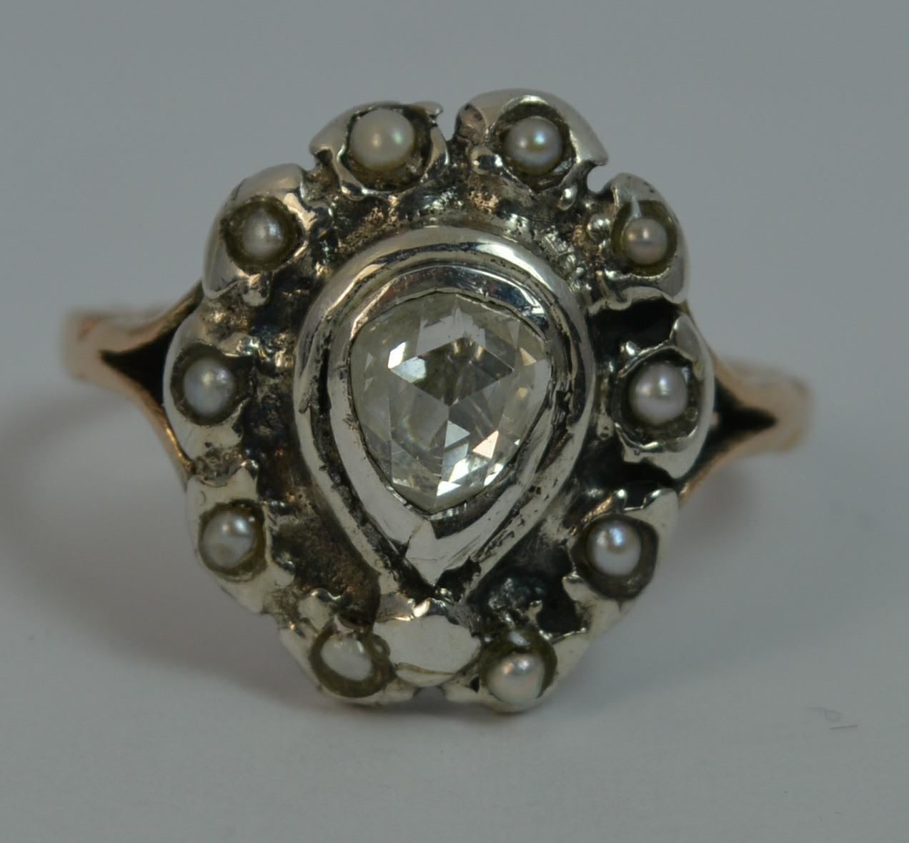 Antique Rose Cut Diamond and Seed Pearl Cluster Ring in 15 Carat Rose Gold 4