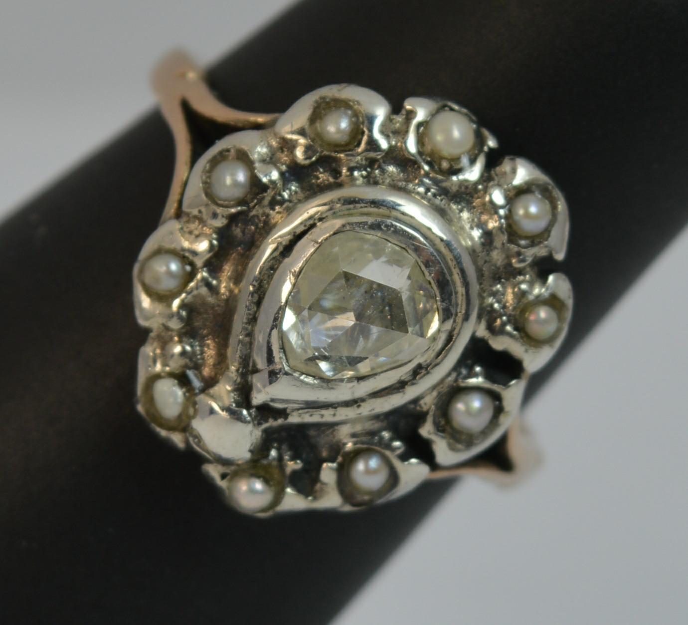 Antique Rose Cut Diamond and Seed Pearl Cluster Ring in 15 Carat Rose Gold 6