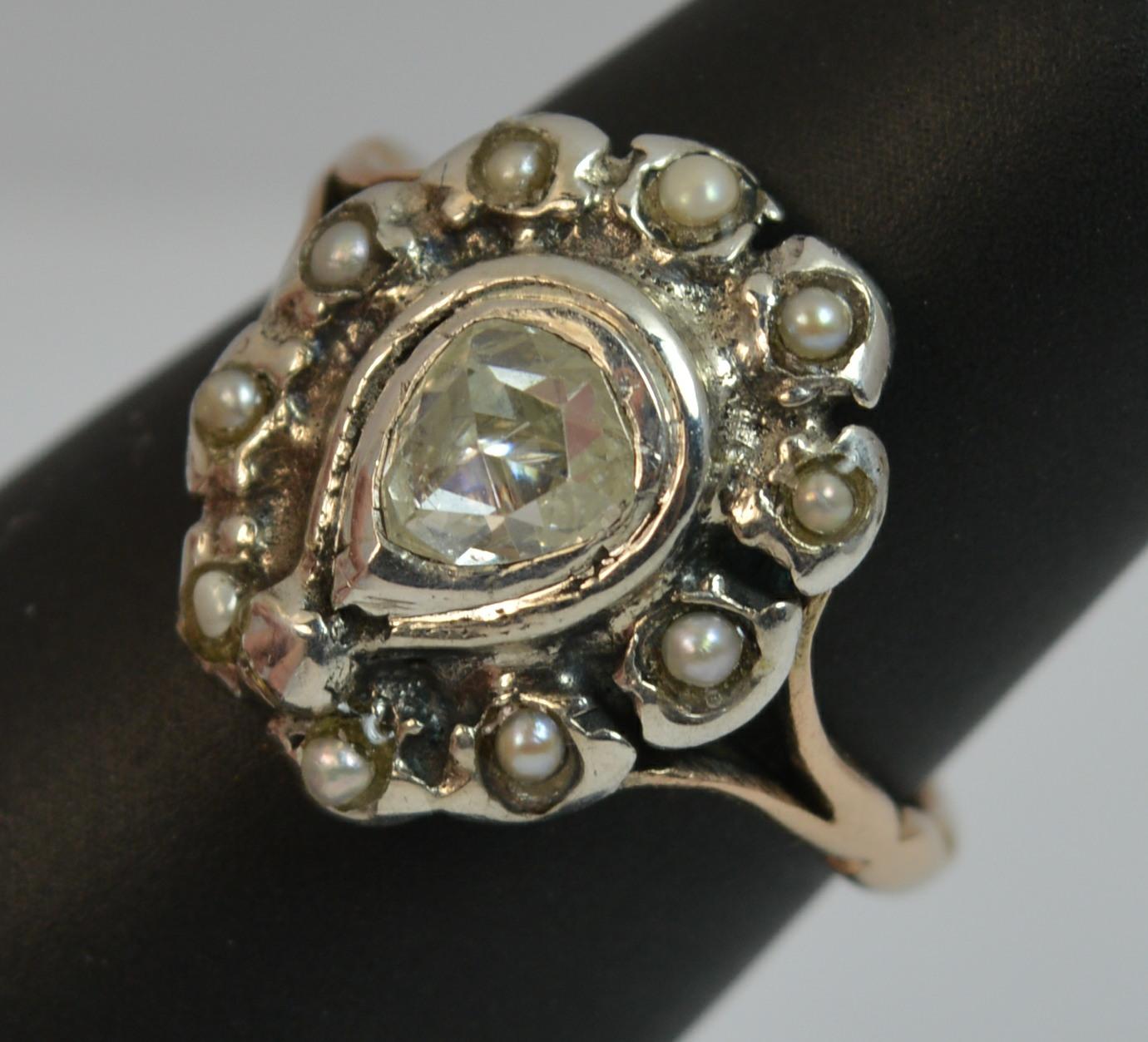 Antique Rose Cut Diamond and Seed Pearl Cluster Ring in 15 Carat Rose Gold 7
