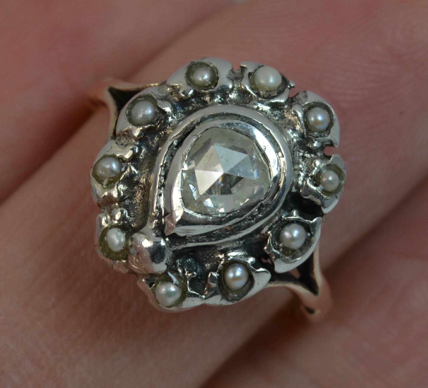 George III Antique Rose Cut Diamond and Seed Pearl Cluster Ring in 15 Carat Rose Gold