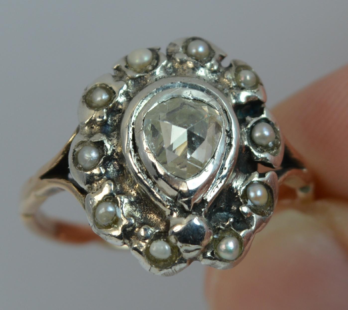 Antique Rose Cut Diamond and Seed Pearl Cluster Ring in 15 Carat Rose Gold In Good Condition In St Helens, GB