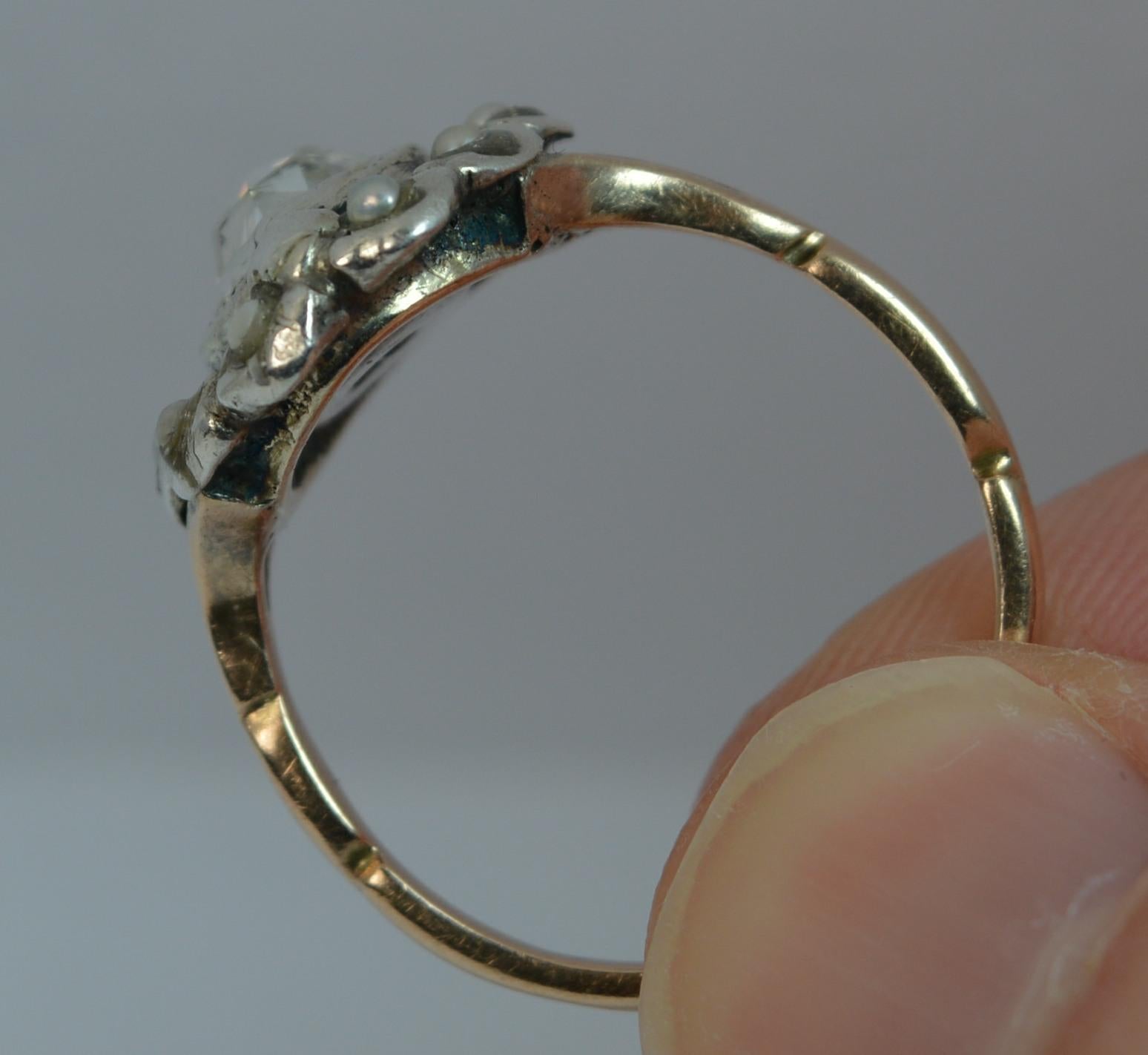 Antique Rose Cut Diamond and Seed Pearl Cluster Ring in 15 Carat Rose Gold im Zustand „Gut“ in St Helens, GB