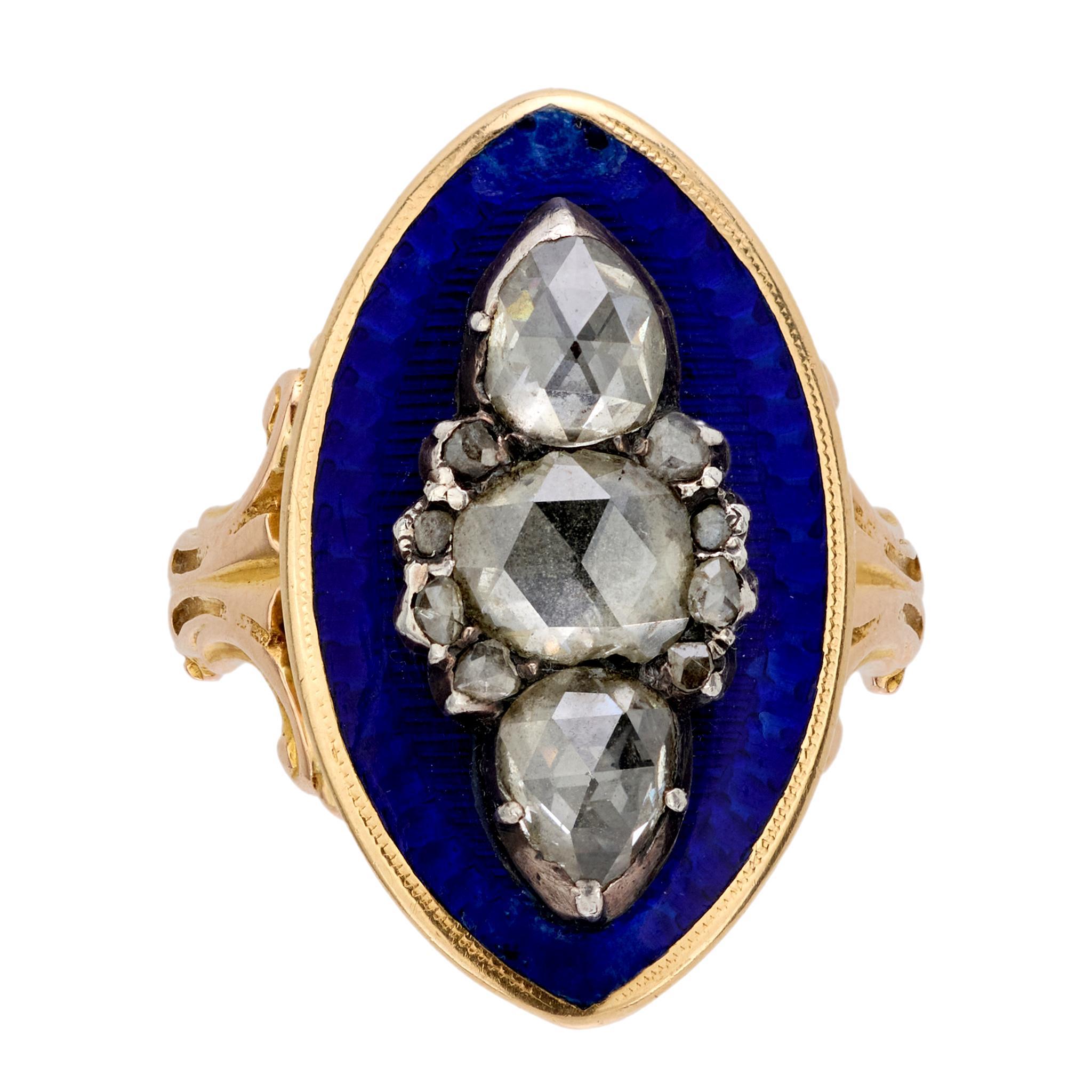 Rose Cut Georgian rose cut diamond blue enamel 18k rose gold navette ring For Sale