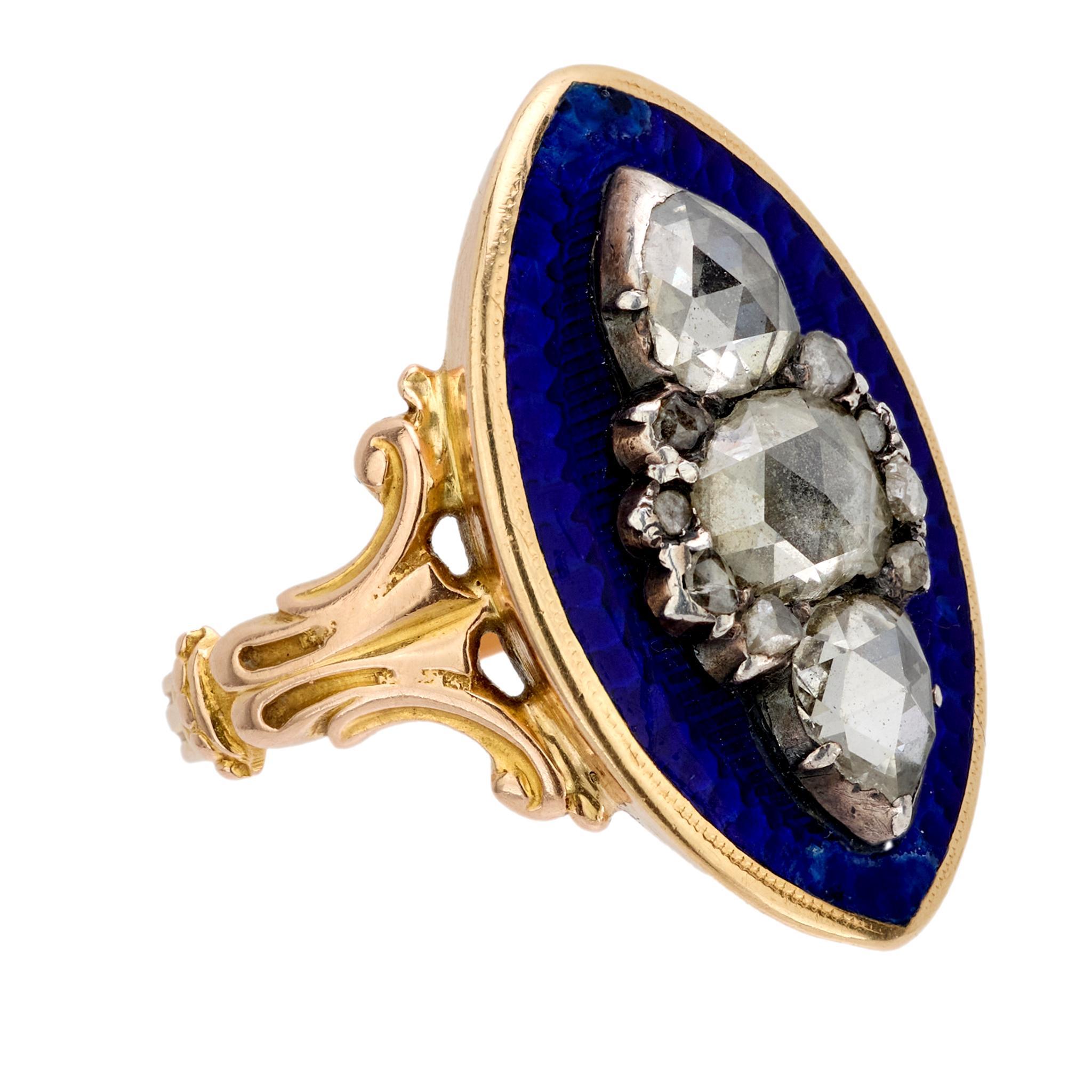 Georgian rose cut diamond blue enamel 18k rose gold navette ring In Good Condition For Sale In Beverly Hills, CA