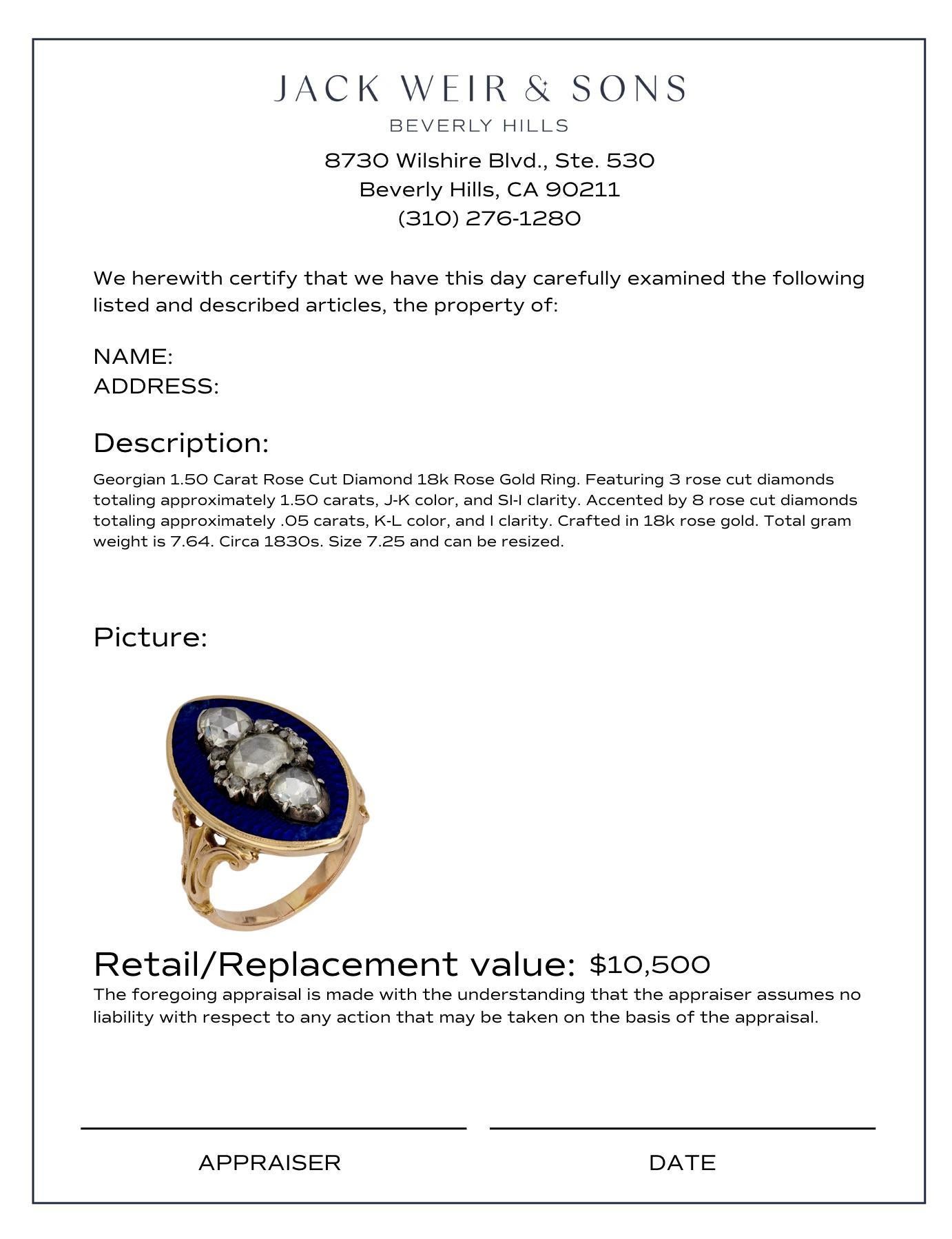 Women's Georgian rose cut diamond blue enamel 18k rose gold navette ring For Sale