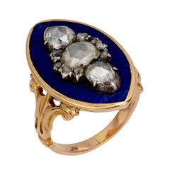 Anillo navette georgiano de oro rosa de 18k con diamante talla rosa y esmalte azul