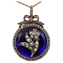 Pendentif géorgien en verre Bristol avec diamants taille rose « Forget Me Not »