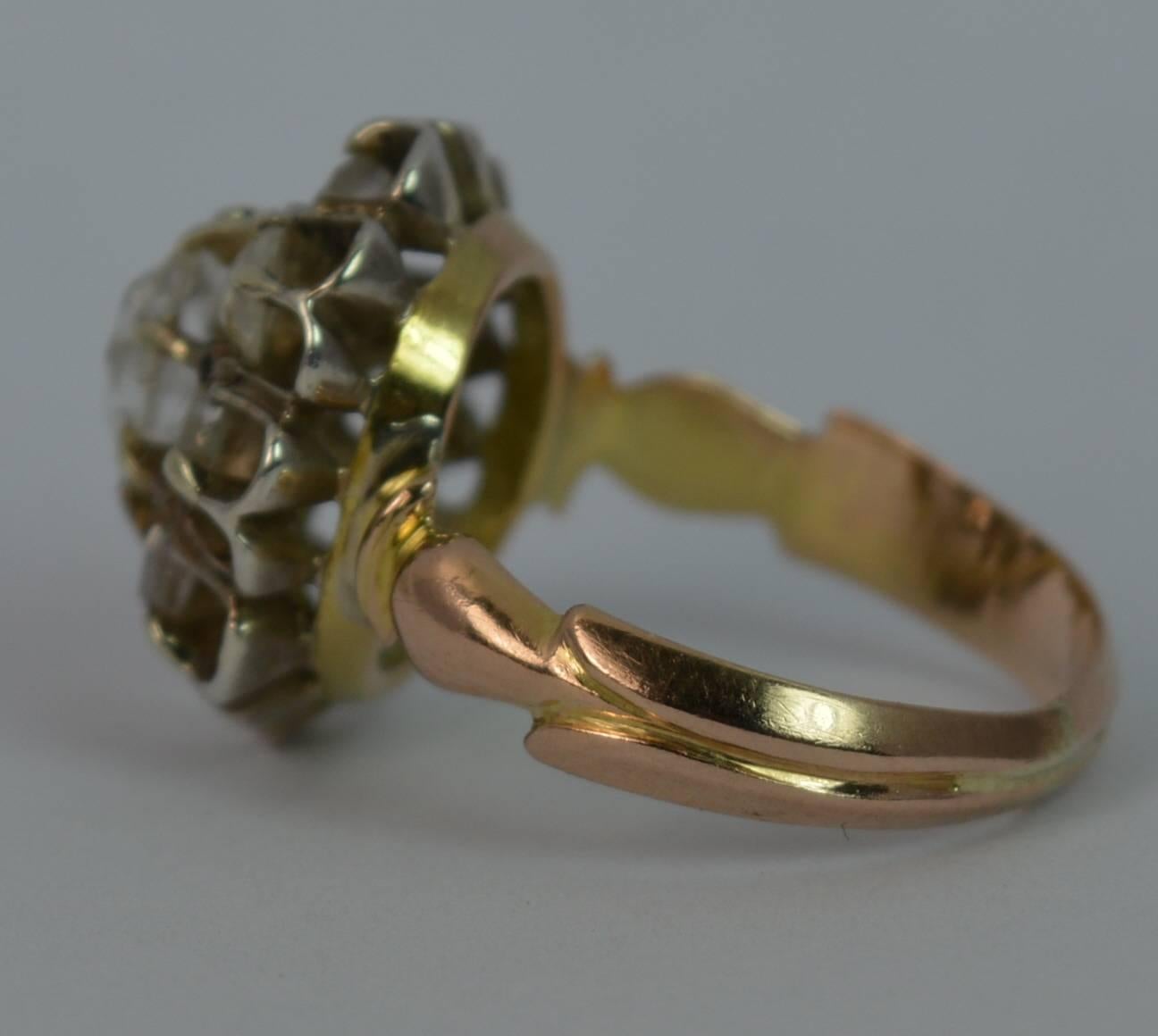 Late Victorian Antique Rose Cut Diamond Cluster 15 Carat Rose Gold Ring