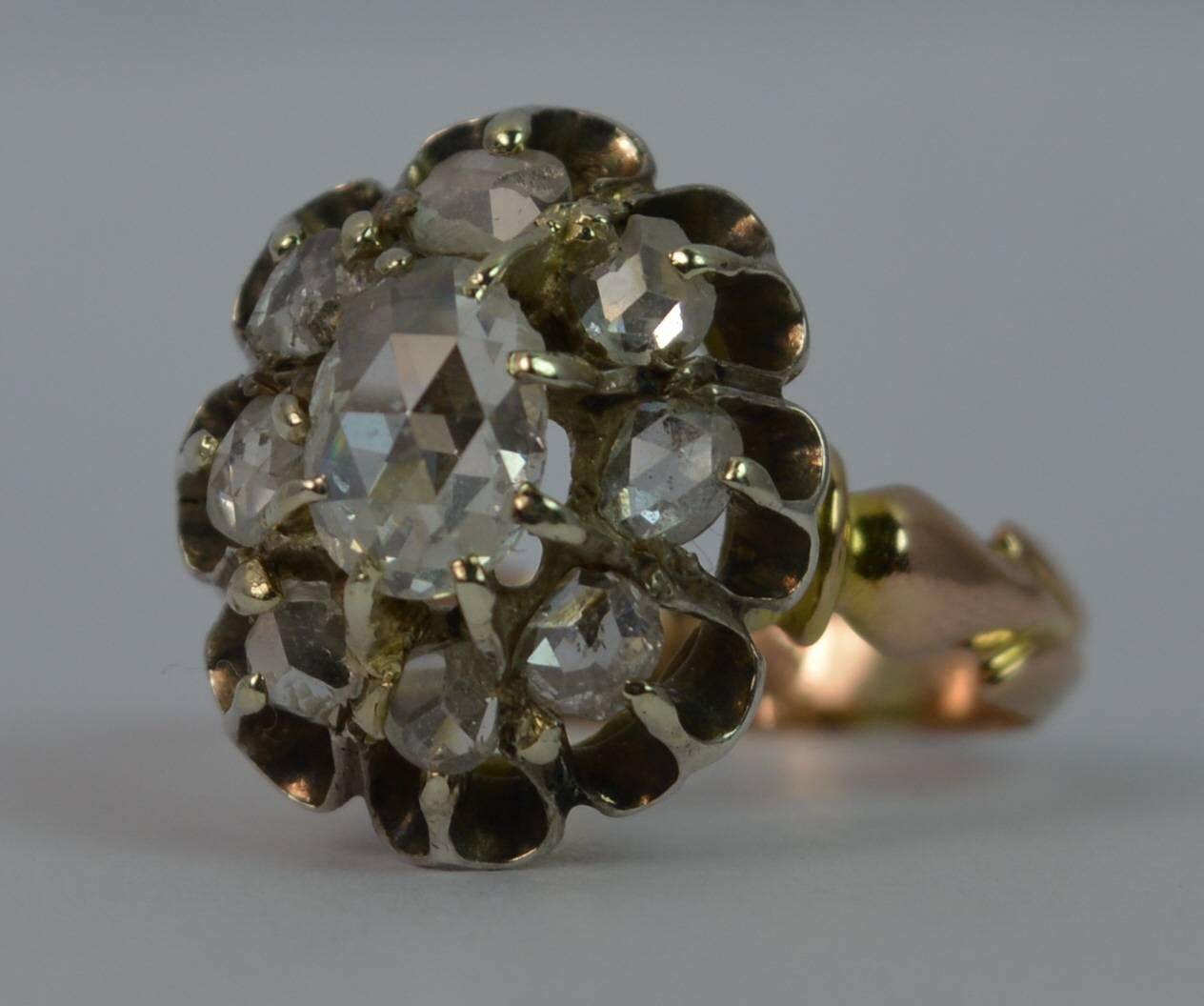 Women's Antique Rose Cut Diamond Cluster 15 Carat Rose Gold Ring