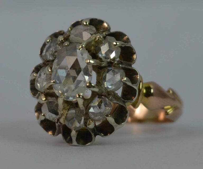 Antique Rose Cut Diamond Cluster 15 Carat Rose Gold Ring at 1stDibs