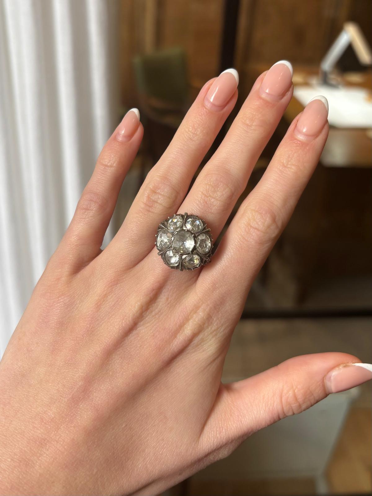 Georgian Rose Cut Diamond Cluster Ring in Silver on Gold For Sale 6