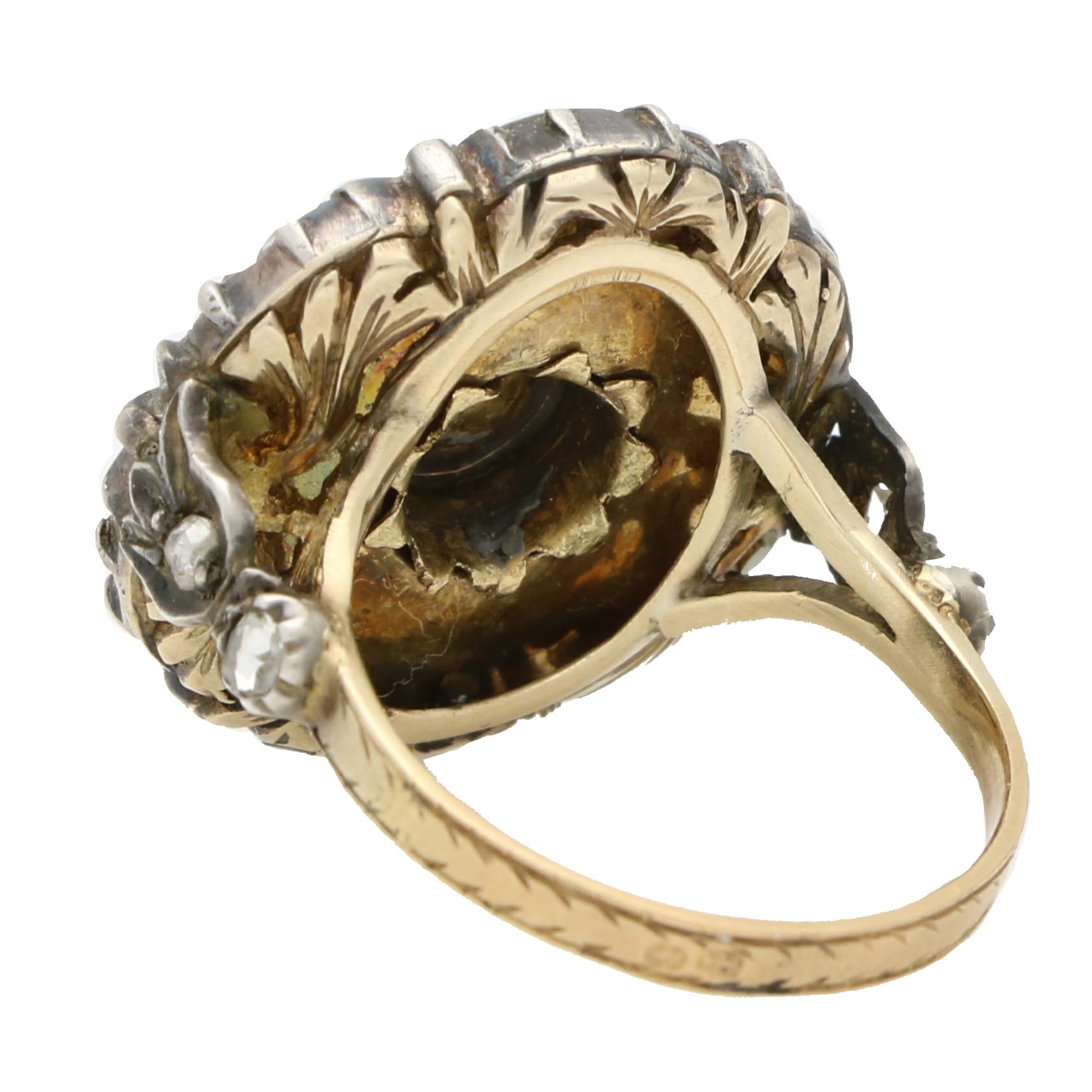 Georgian Rose Cut Diamond Cluster Ring in Silver on Gold For Sale 1
