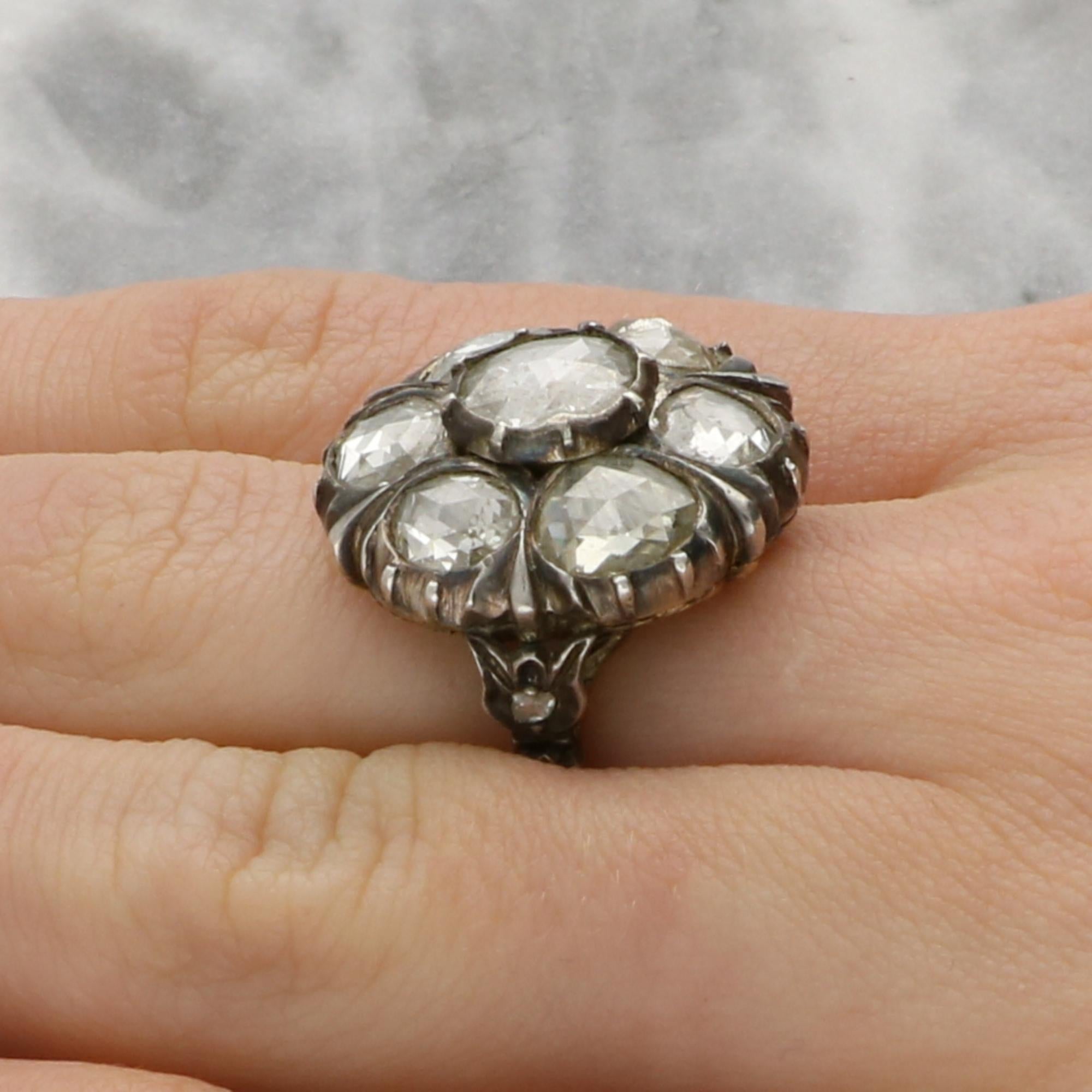 Georgian Rose Cut Diamond Cluster Ring in Silver on Gold For Sale 3